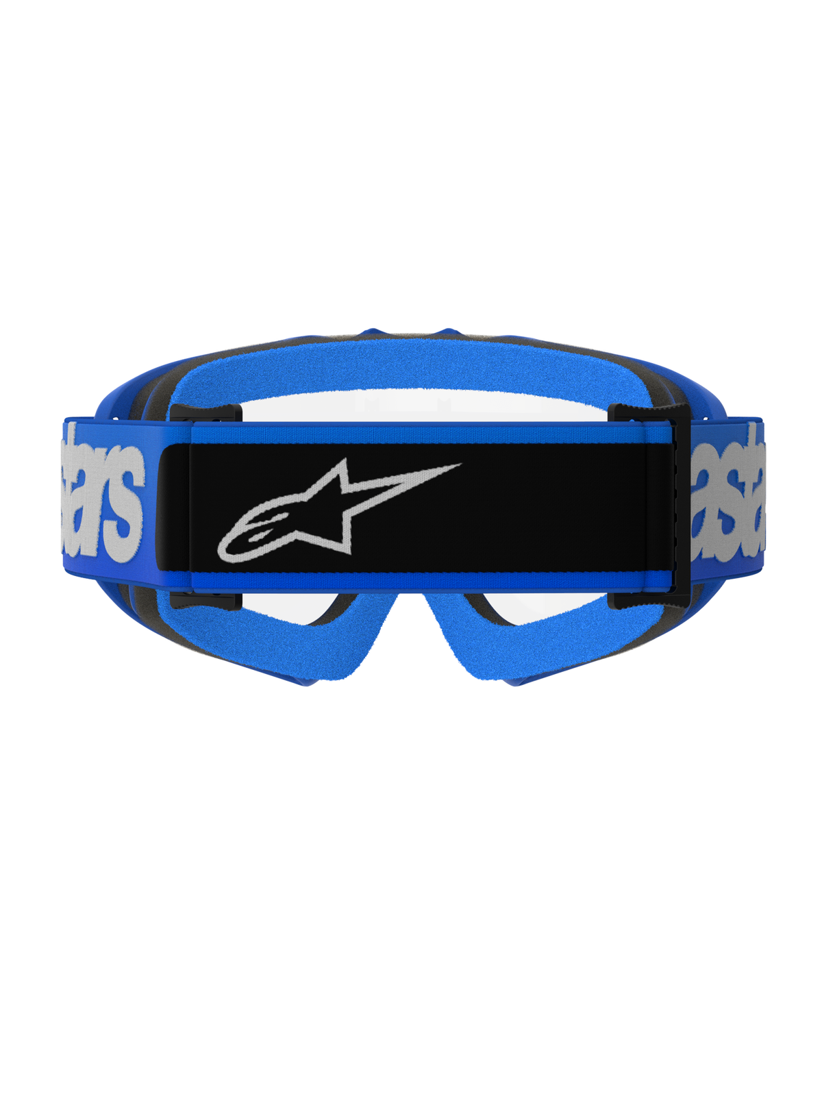 Alpinestars Vision Youth Blaze Goggles, Motocross Goggles, Blue and Clear, rear view featuring a wide blue strap with a black central panel and white Alpinestars logo, blue and black foam padding, clear lens visibility