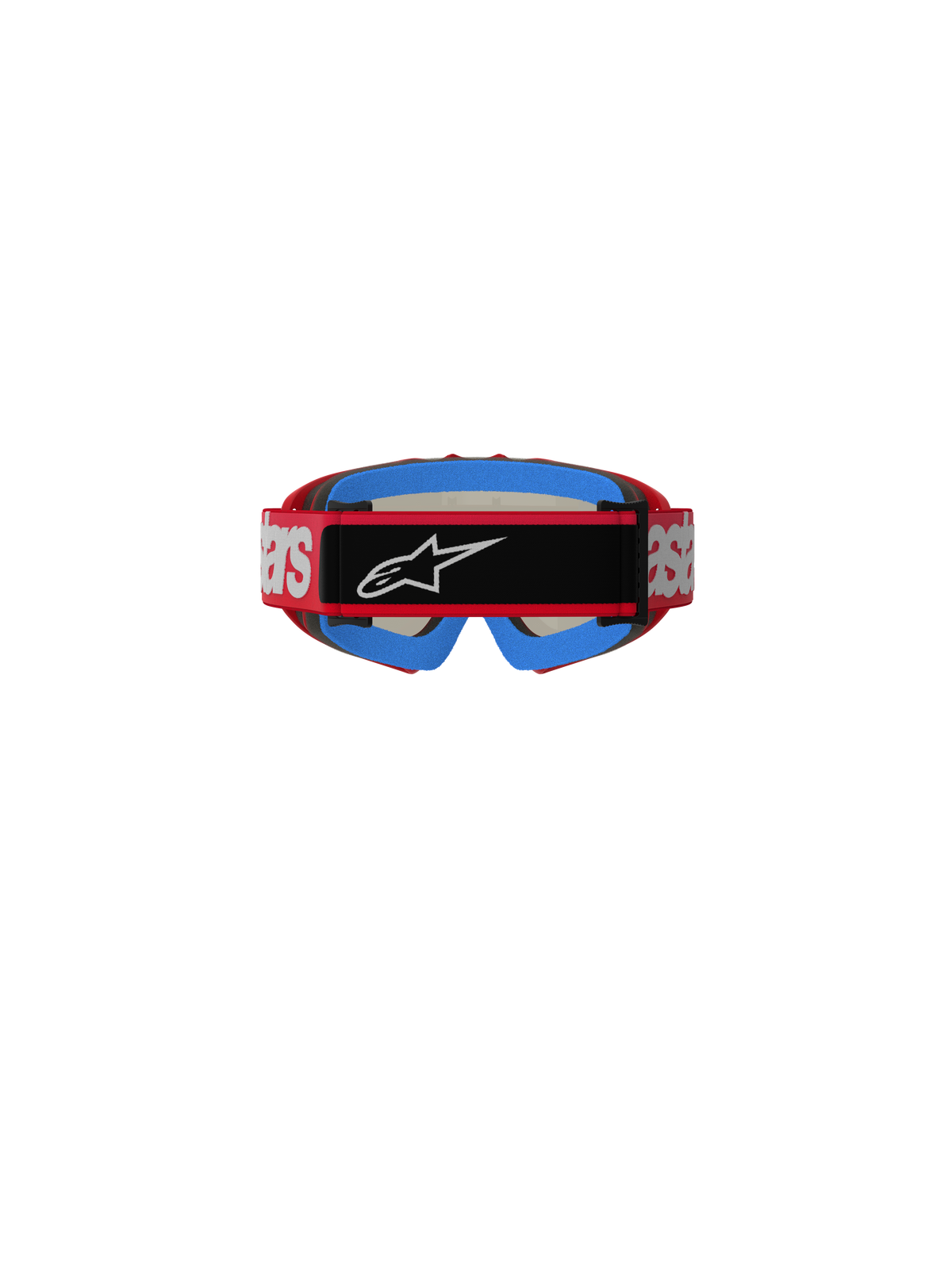Alpinestars Vision Youth Blaze Goggles, motocrossglasögon, röd och silver, vy bakifrån som visar rött band med vit logotyp och en svart central del med vit Astars-logotyp, blå inre skumvaddering