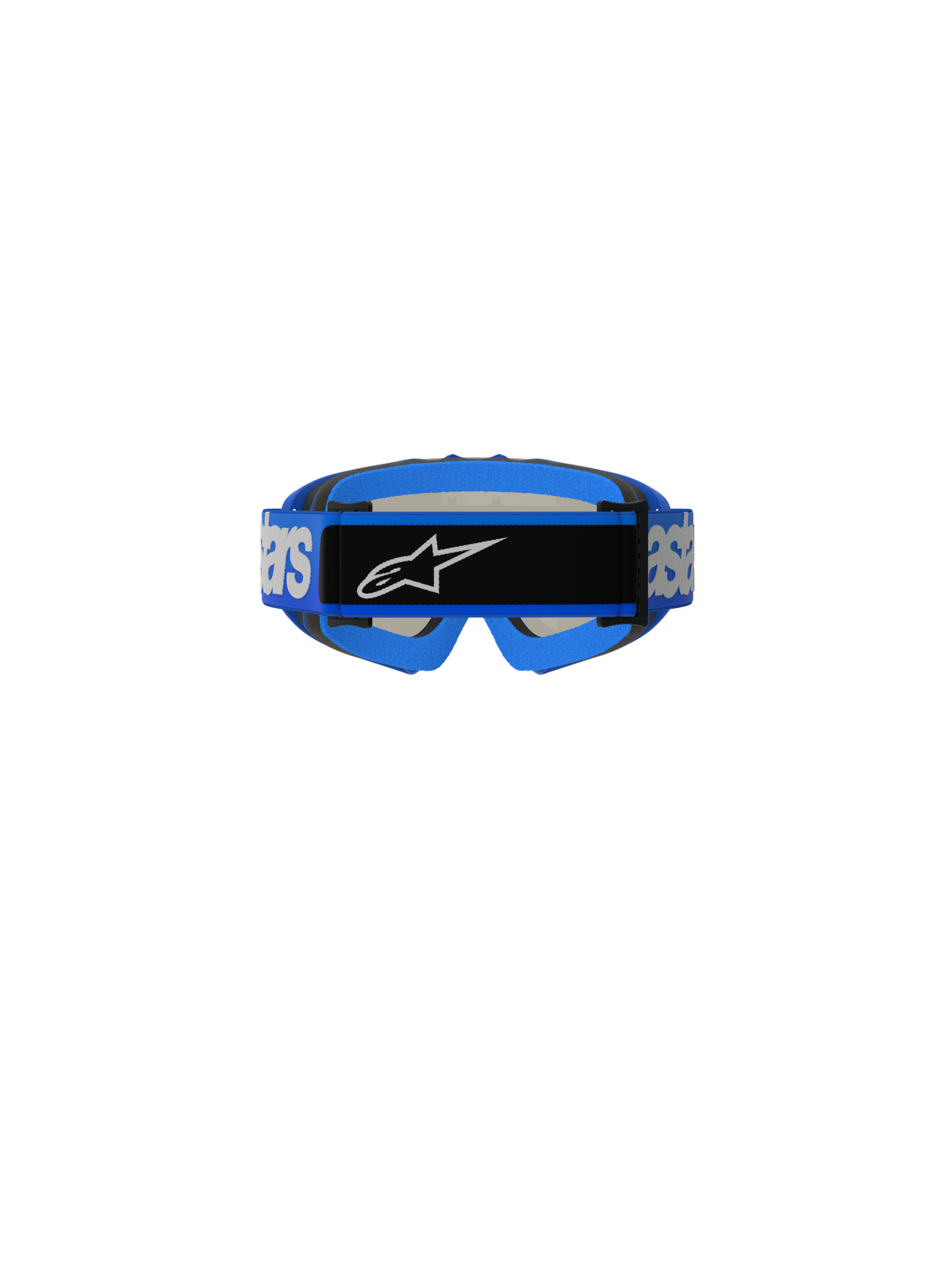 Alpinestars Vision Youth Blaze Goggles, Motocross Goggles, Blue, rear view showing blue woven strap with white Alpinestars branding and black center logo plate, blue foam padding, designed for youth off-road racing