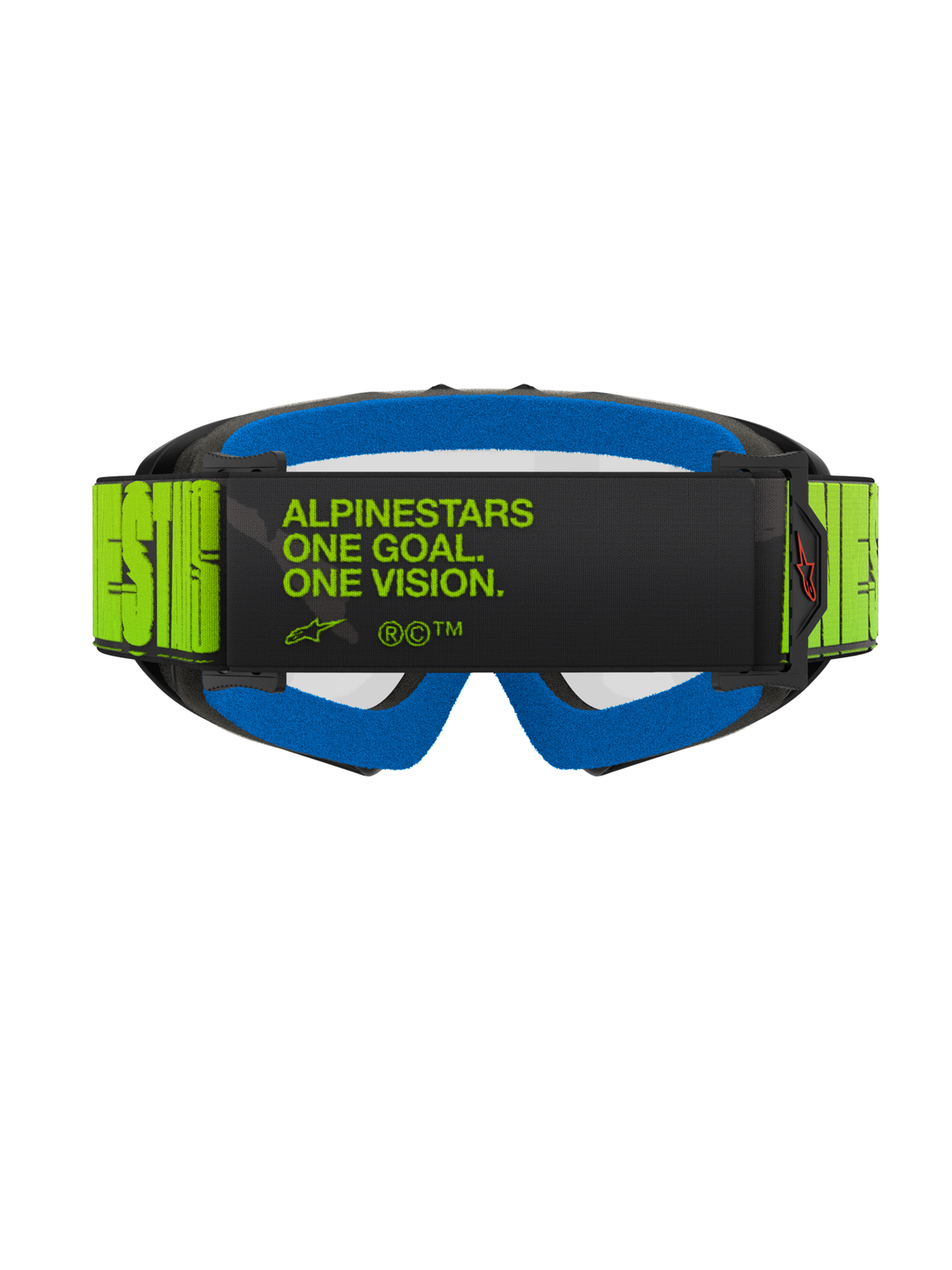 Alpinestars Vision Youth Hollow Goggles, Motocross Goggles, Charcoal and Fluo Yellow, rear view featuring the 'ALPINESTARS ONE GOAL. ONE VISION.' slogan on the strap, bright blue face foam, youth-specific motocross eyewear