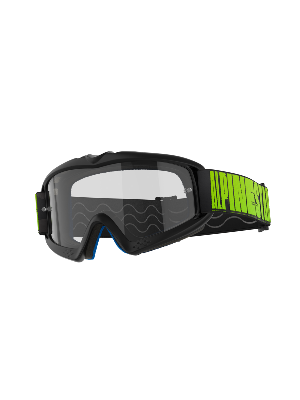 Alpinestars Vision Youth Hollow Goggles, Motocross Goggles, Charcoal frame with Clear anti-fog lens, Black strap with bold Fluo Yellow branding, blue inner foam, designed for young riders in off-road racing