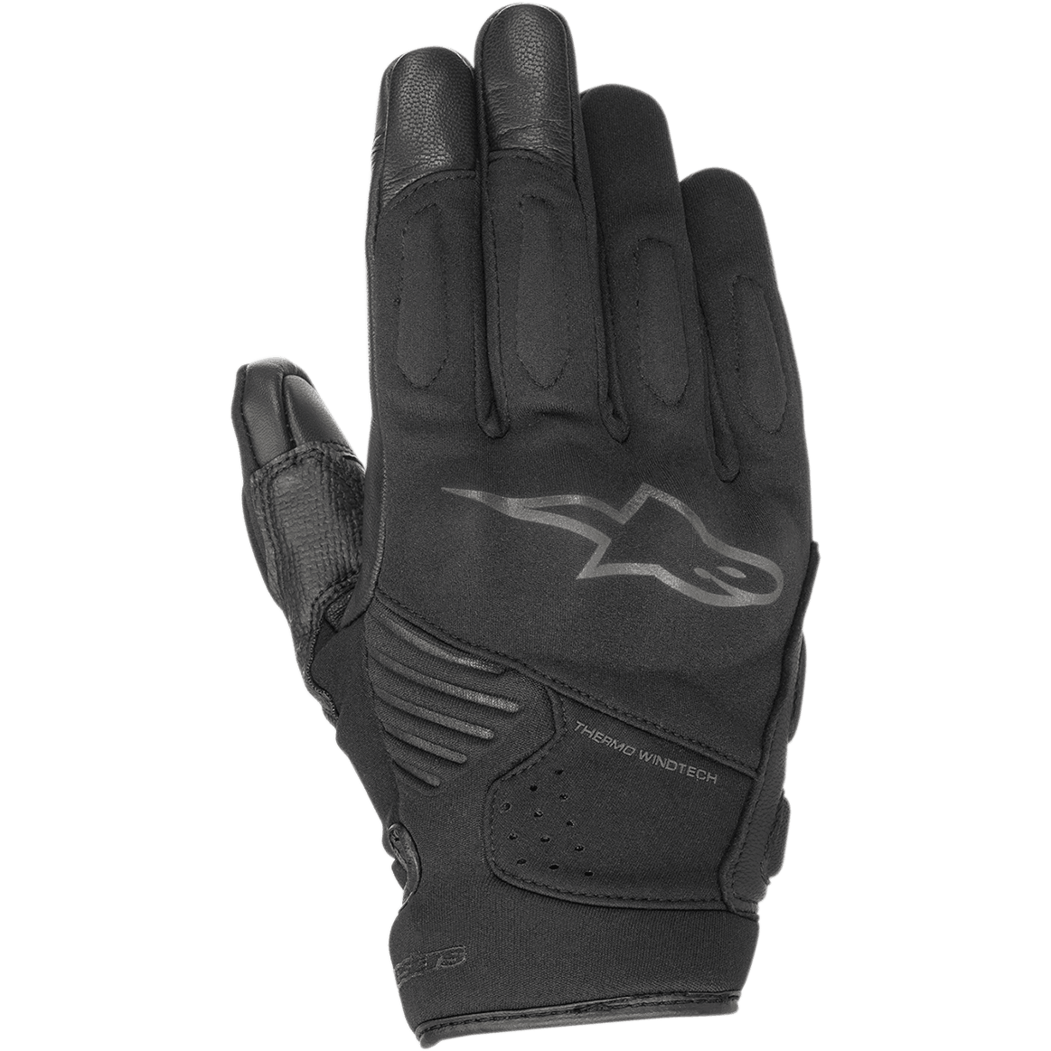 Alpinestars Faster handskar, svarta motorcykelhandskar, med Alpinestars stjärnlogotyp och Thermo Windtech-märkning, förstärkt vaddering för knogar och fingrar, urban design i flera material