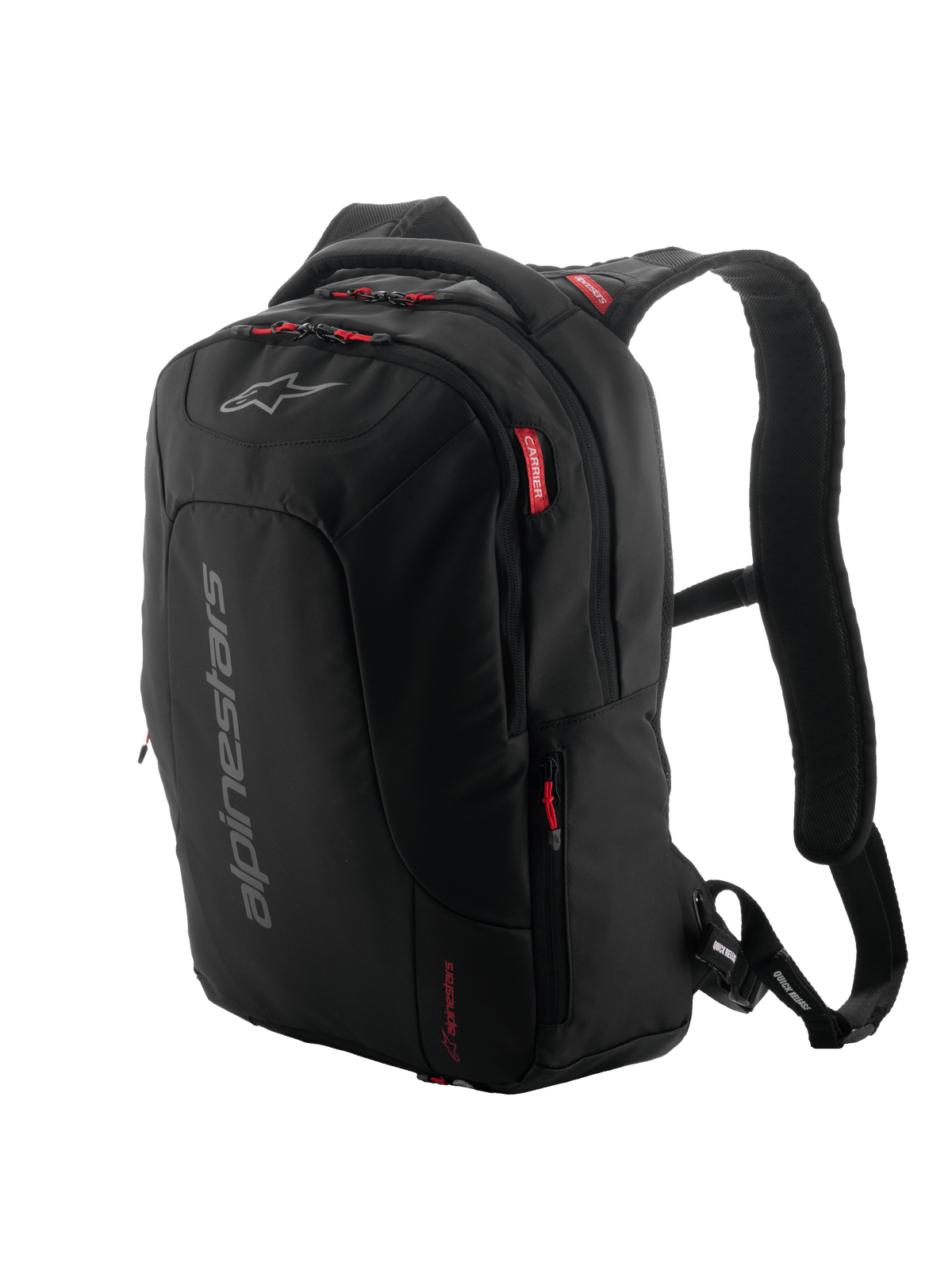 Alpinestars City Hunter V2 ryggsäck, urban motorcykelryggsäck, svart med röda dragtappar och detaljer, grå vertikal logotyp, vadderade axelremmar i mesh, slimmad avsmalnande design för stabilitet vid körning