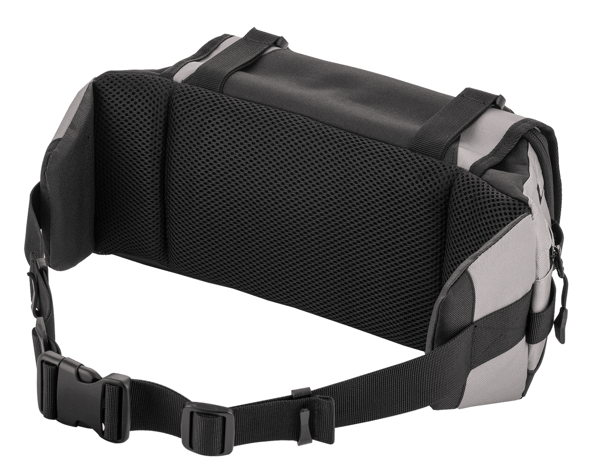 Alpinestars Tech Tool Pack, grå och svart, vy bakifrån med ryggpanel i luftig mesh för ventilation och komfort, justerbar midjerem med kraftigt spänne, slitstark textilkonstruktion för terräng- och endurokörning
