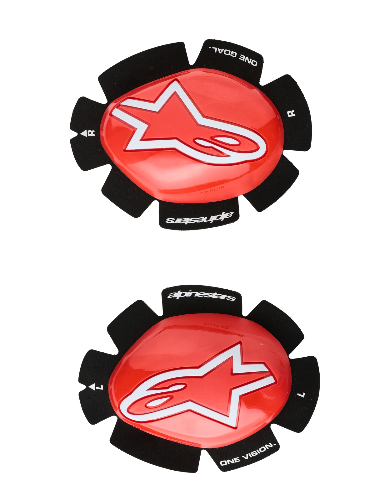 Alpinestars GP Plus knäsliders, knäskydd för motorcykelracing, röda och svarta, vit stjärnlogotyp, "ONE GOAL. ONE VISION."-branding, kardborrefästen, par för vänster och höger sida
