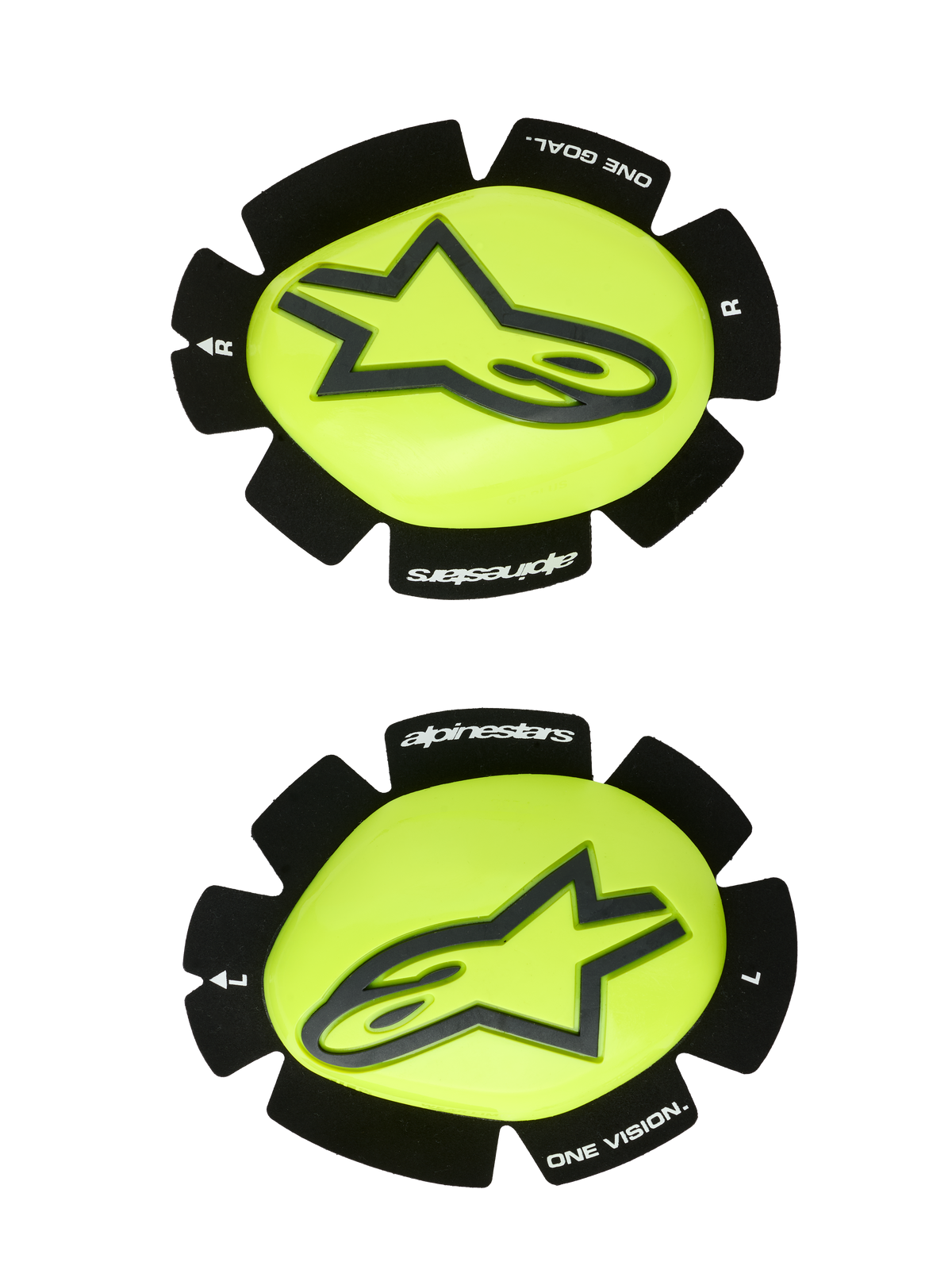Alpinestars GP Plus knäpuckar, knäsliders för motorcykelracing, neongula och svarta, vänster- och högerpar med en svart stjärnlogotyp på en blank gul yta, texturerade svarta kanter med 'alpinestars' och 'ONE GOAL ONE VISION'-detaljer, designade för banbruk
