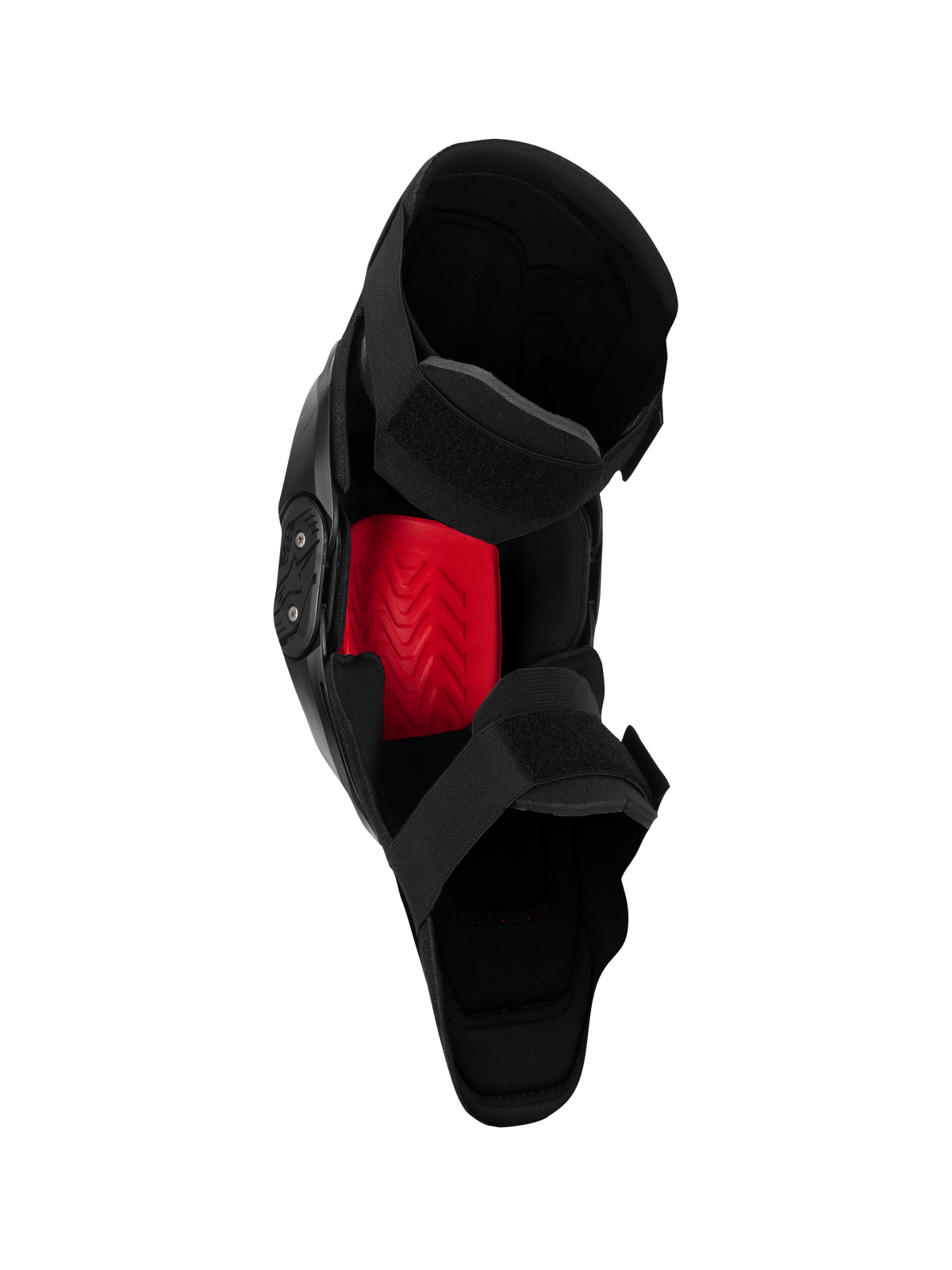 Alpinestars SX-1 Plasma knäskydd, motocross-knäskydd, svart och röd, vy från insidan som visar det röda Nucleon PLASMA-inlägget och det dubbla remstängningssystemet, konstruerat för offroad-prestanda