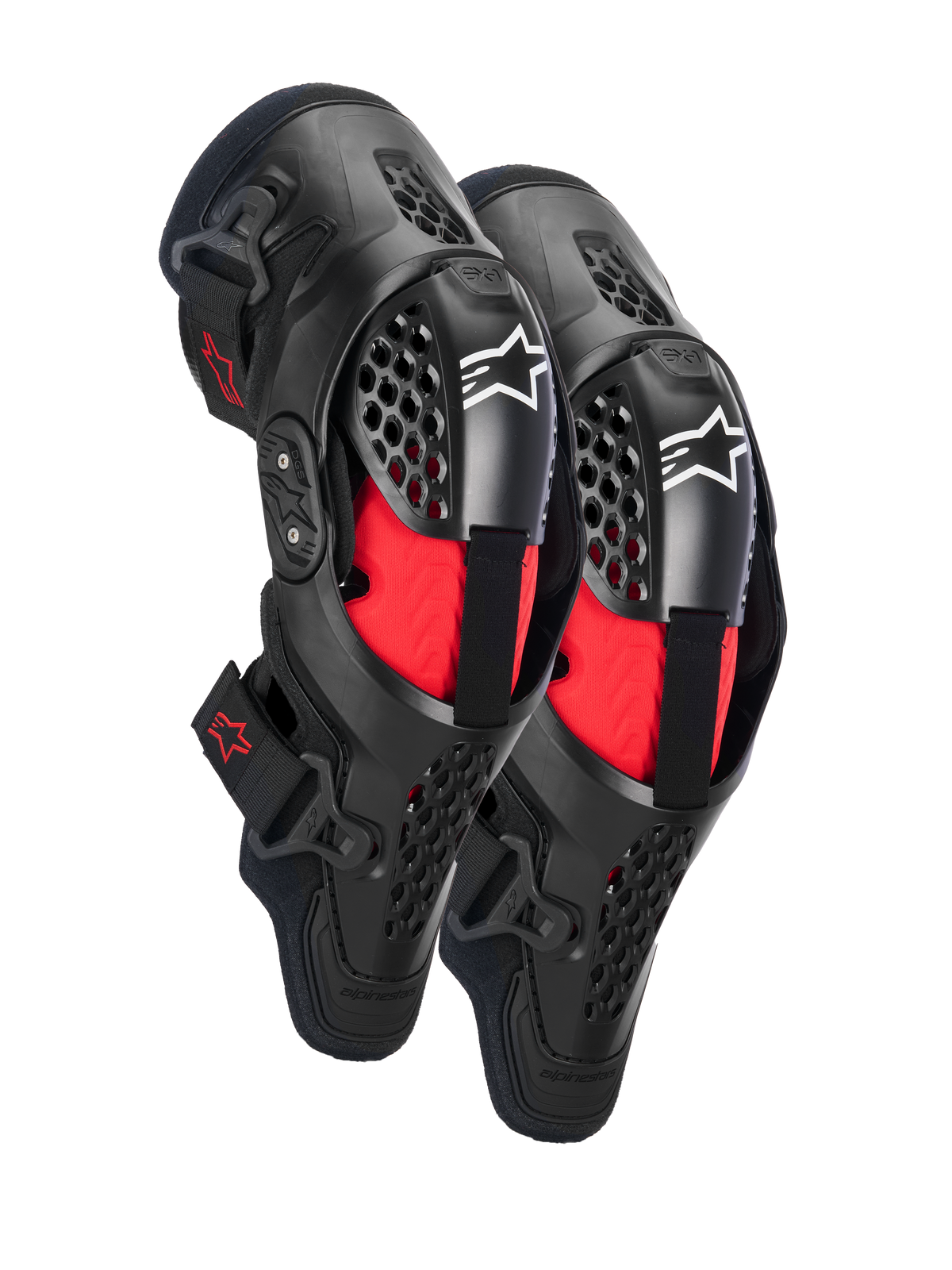 Alpinestars SX-1 Plasma knäskydd, motocross-knäskydd, svarta och röda, med halvstyva ventilerade ramar, röd invändig vaddering, vita Alpinestars-logotyper på knäskålen och en design med dubbla gångjärn för terrängkörning