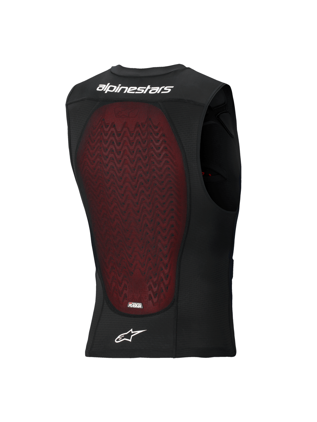 Alpinestars Bionic Plasma LT Protection Vest, rear view, black breathable mesh with a large red Nucleon PLASMA back protector, featuring white Alpinestars wordmark and logo, designed for off-road and motocross impact protection