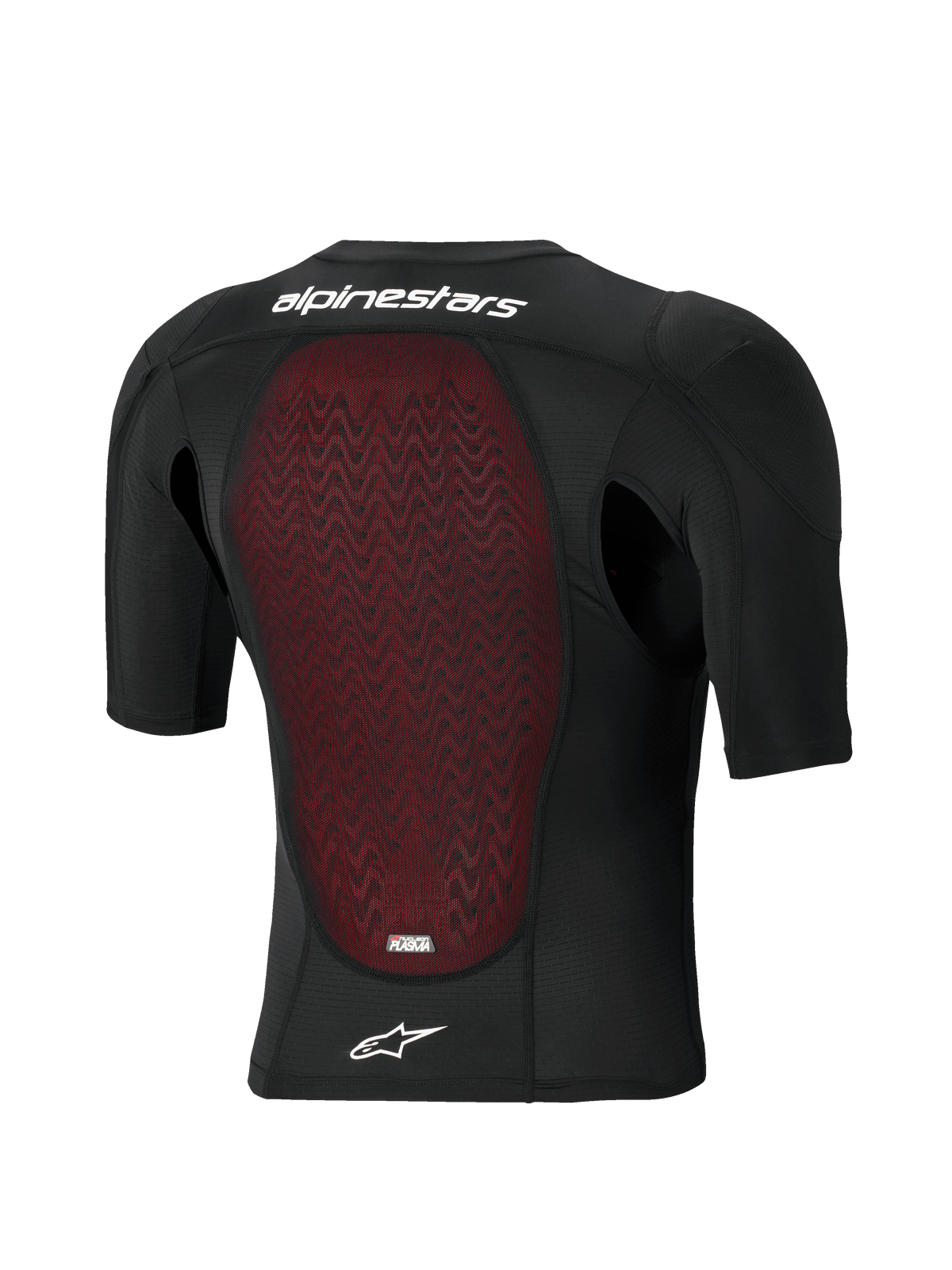 Alpinestars Bionic Plasma LT Protection Jacket - Short Sleeve, vy bakifrån, svart konstruktion i ventilerande mesh med rött texturerat Nucleon PLASMA-ryggskydd, vit Alpinestars-ordlogotyp och stjärnlogotyp, skyddsutrustning för offroad och motocross