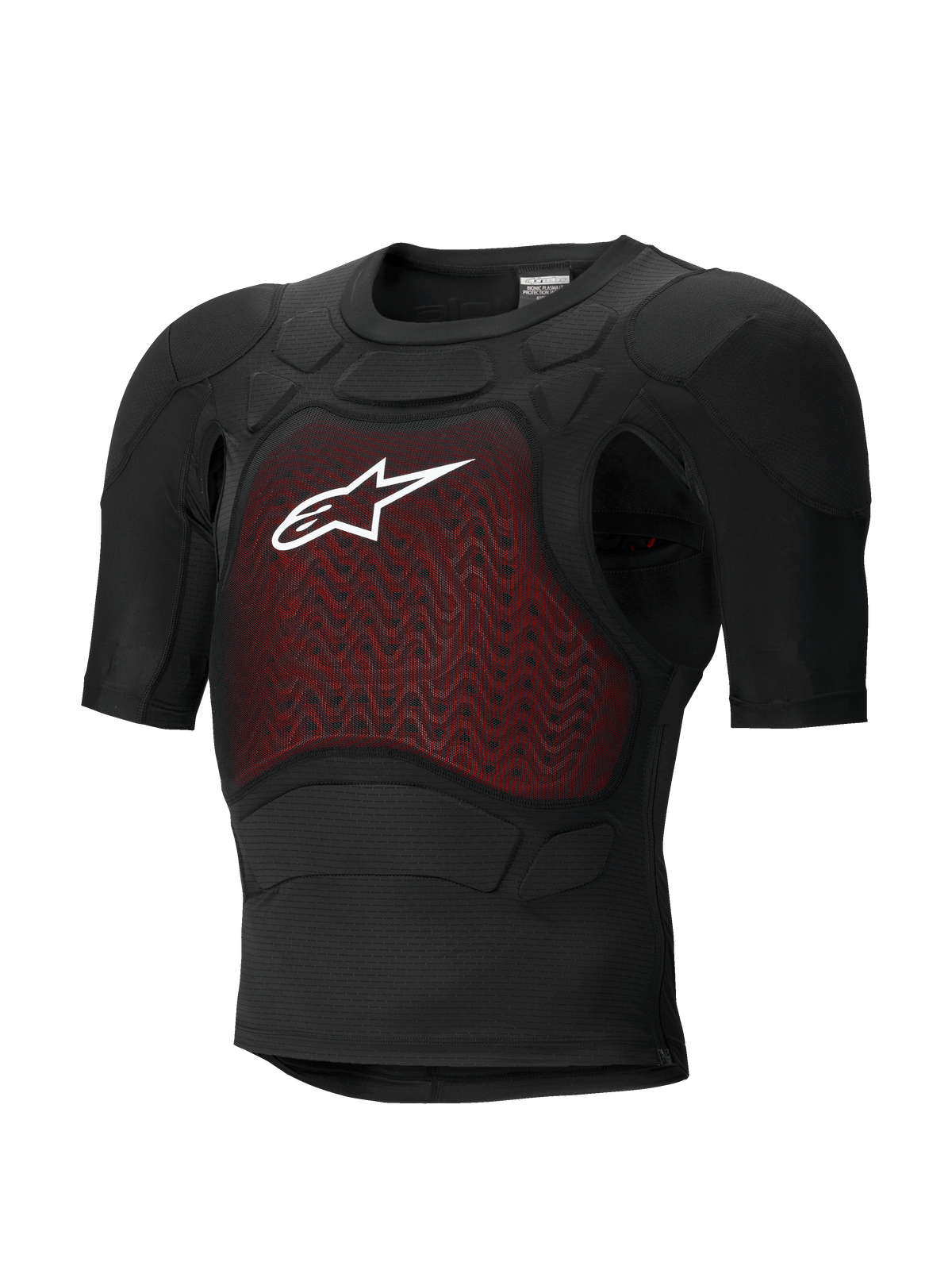 Alpinestars Bionic Plasma LT Protection Jacket, kortärmad skyddsjacka, svart och röd, kroppsskydd för motorcykel med CE-certifierad skyddsvaddering, lätt konstruktion i mesh som andas, röd texturerad bröstpanel och vit Alpinestars-logotyp