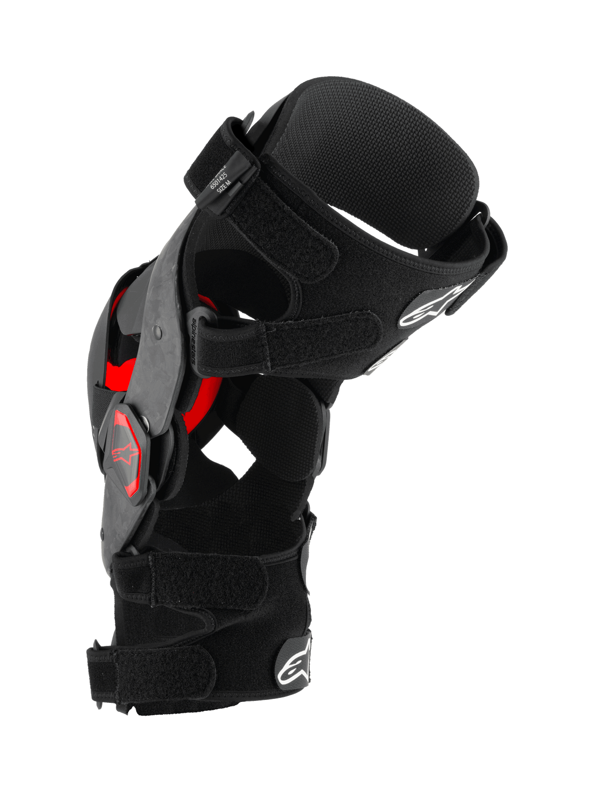 Alpinestars Supertech RK-10 Plasma Knee Brace, Motocross Knee Protector, Black and Red, side profile view showing forged carbon fiber frame, adjustable straps, and red Nucleon PLASMA inserts, protective gear for off-road racing