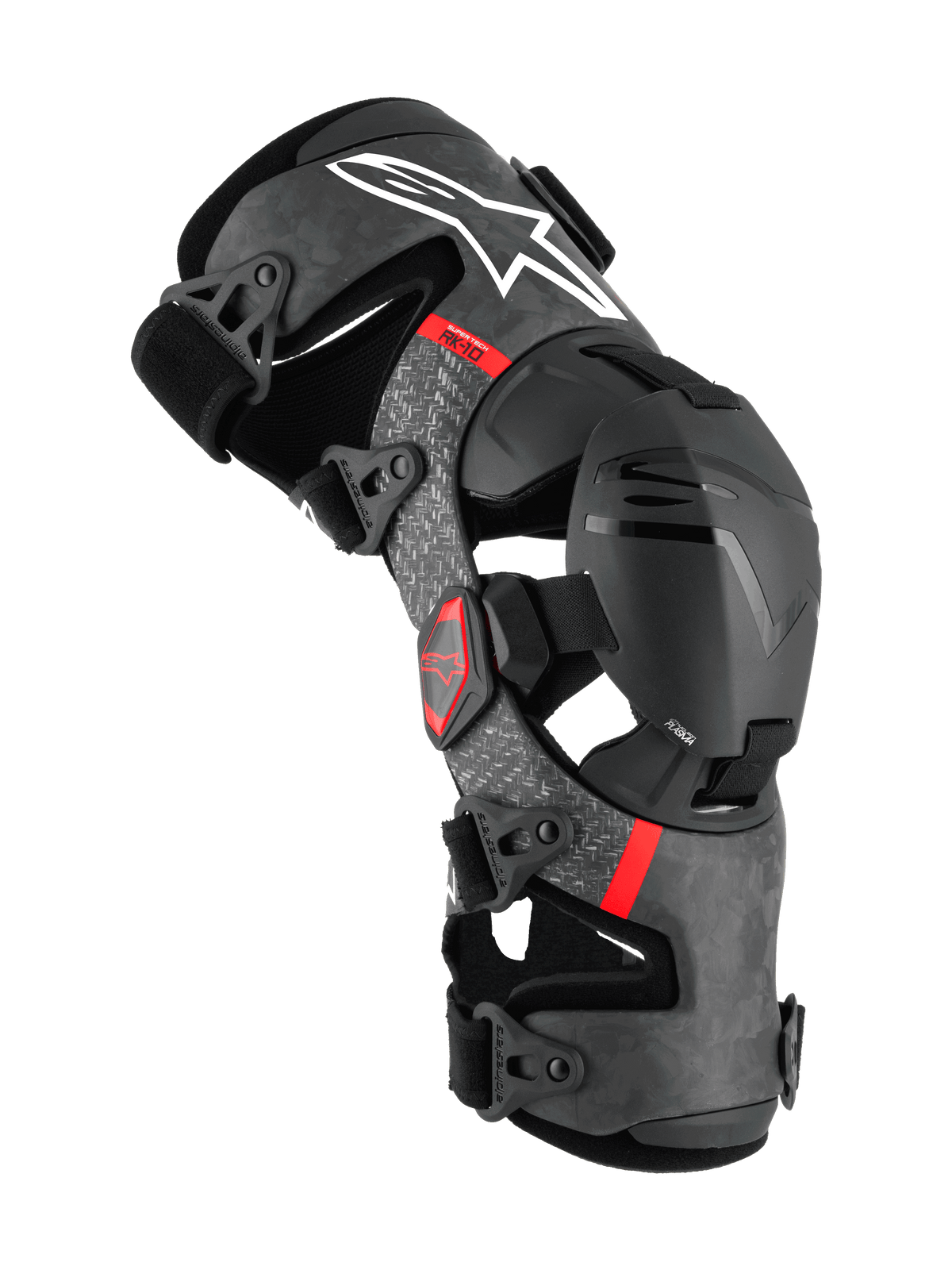 Alpinestars Supertech RK-10 Plasma Knee Brace, Motocross Protective Gear, Black with Forged Carbon Fiber Frame and Gray Accents, Red Branding, Hinged Support System with Adjustable Straps, Premium Off-Road Protection