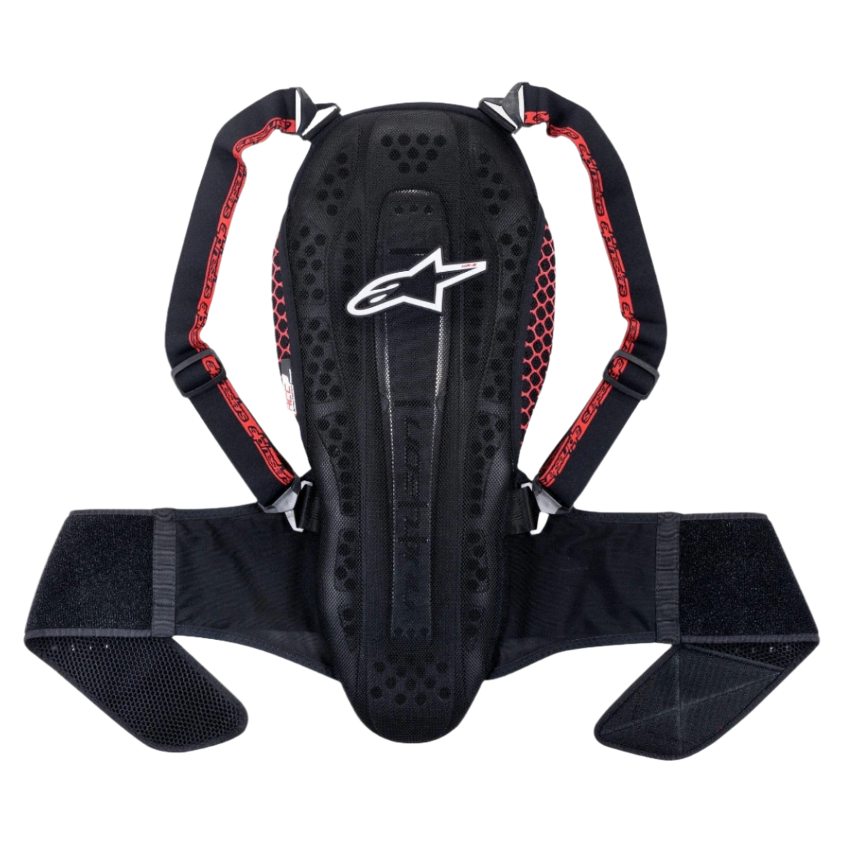 Alpinestars Nucleon KR-2 ryggskydd, Black Smoke Red, med en artikulerad design i kotpelarstil, justerbara axelremmar med röda detaljer och ett brett midjebälte, lättviktigt ryggradsskydd för motorcykel