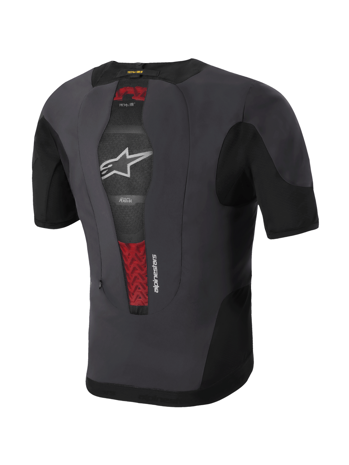 Alpinestars Tech-Air® 5 Plasma System, airbagväst för motorcykel, vy bakifrån, svart och mörkgrå, integrerat PLASMA-ryggskydd synligt genom nät i mitten med röda detaljer, vit stjärnlogotyp, tunn och ventilerande design för användning under jacka
