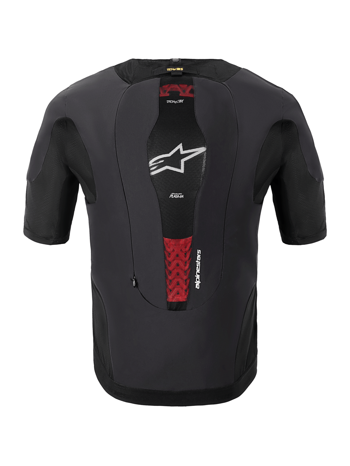 Alpinestars Tech-Air® 5 Plasma System, motorcykelairbagsystem, baksida, svart, med en central meshpanel, vit stjärnlogotyp och röda detaljer från det interna PLASMA-ryggskyddet, kortärmad slim-fit-design för användning under jacka