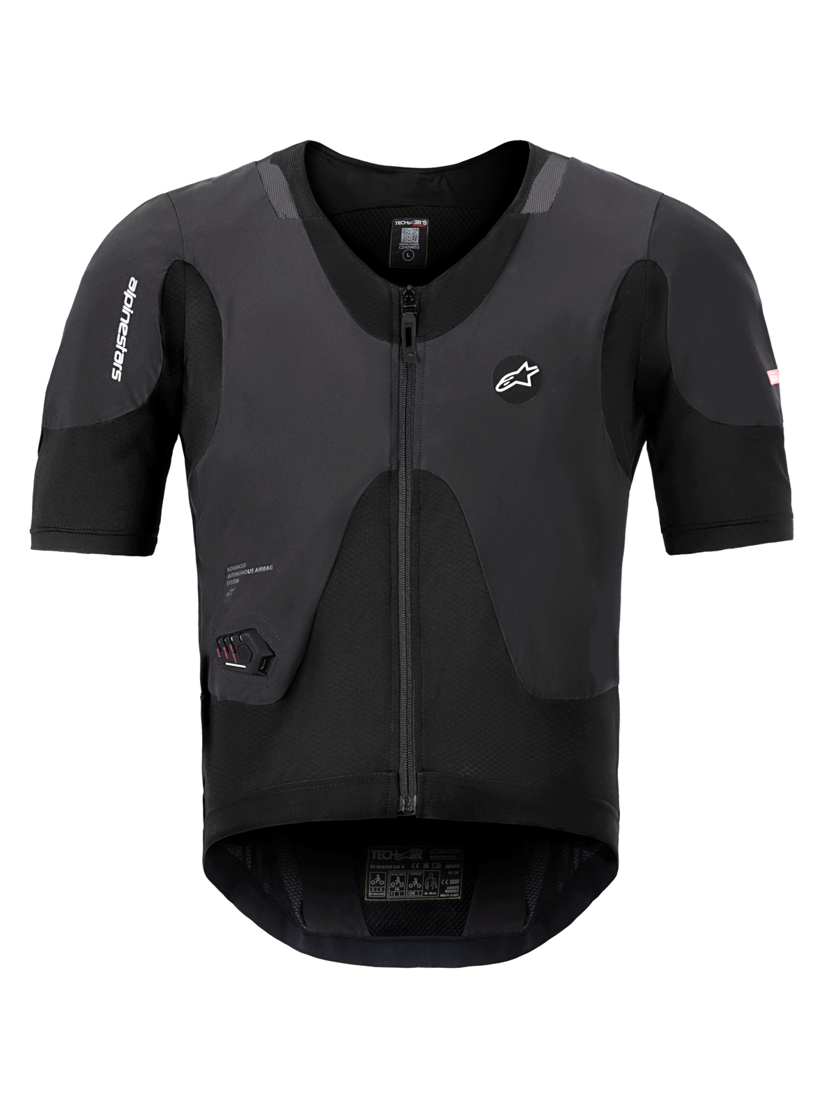 Alpinestars Tech-Air 5 Plasma System, svart airbagväst, vy framifrån med korta ärmar och central dragkedja, vit Alpinestars-logotyp och integrerad LED-statusdisplay, ultratunt skyddande underplagg för motorcykelsäkerhet