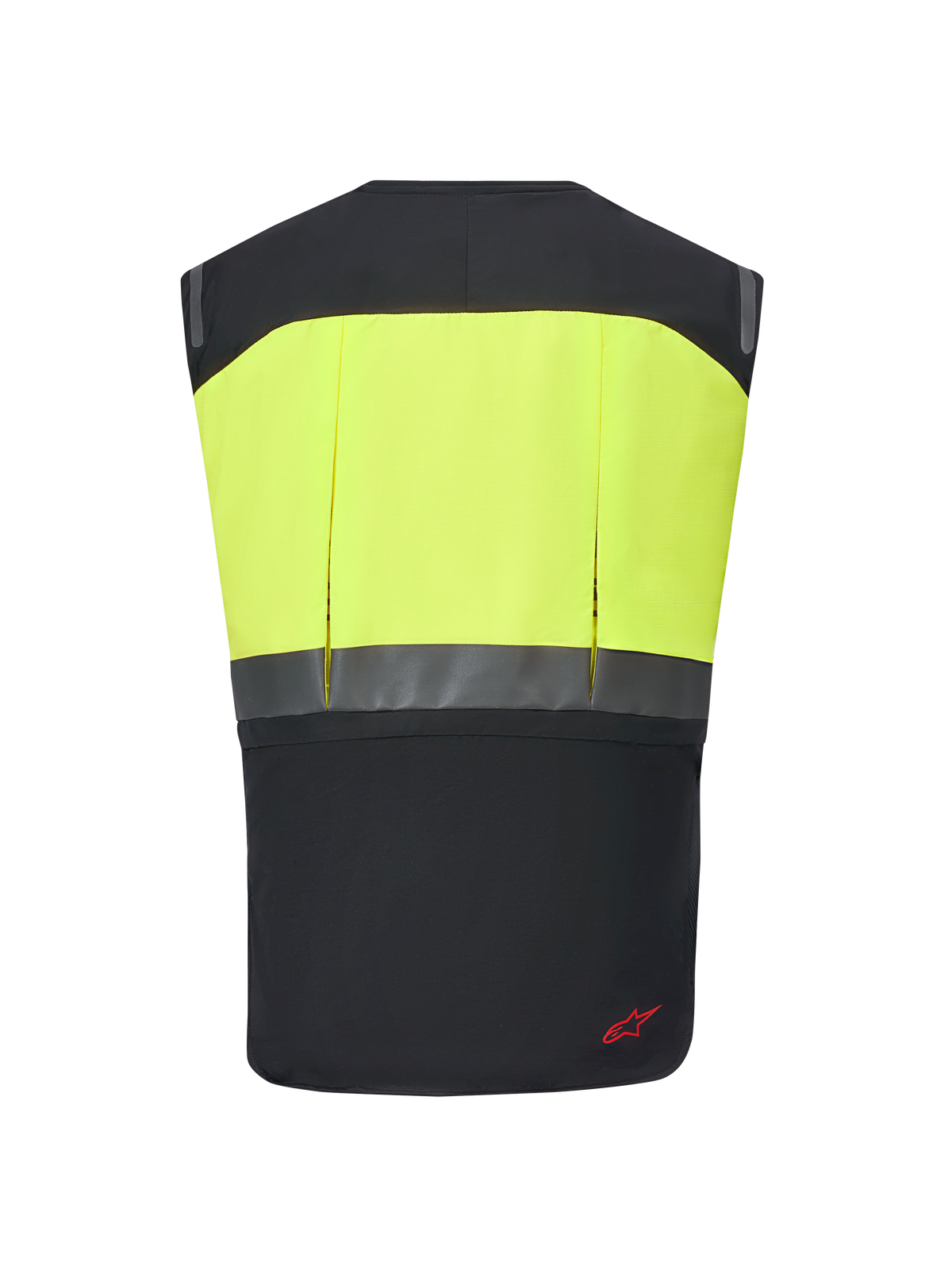 Alpinestars Tech-Air® 3 V2 System, airbagväst för motorcykel, svart och gul fluo, vy bakifrån med en neongul övre del och reflekterande horisontell remsa, smal och lätt skyddsutrustning för touring och pendling