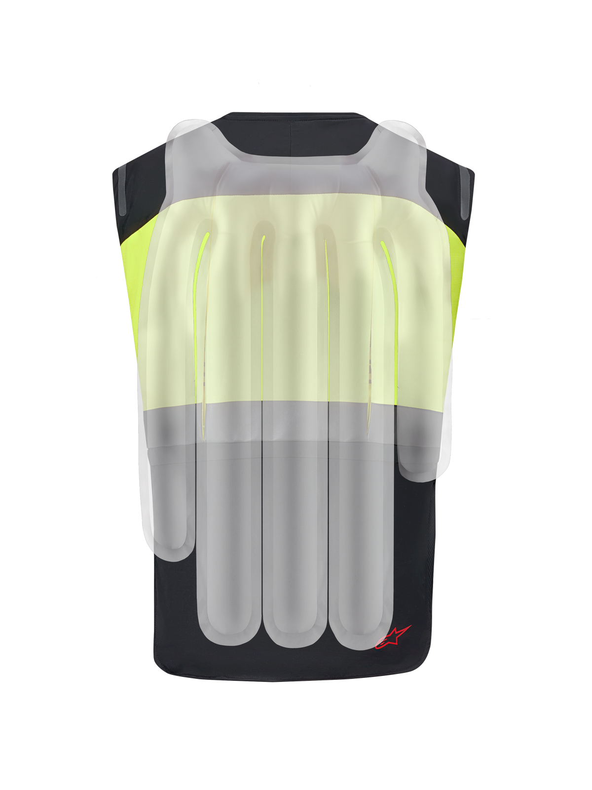 Alpinestars Tech-Air® 3 V2 System, motorcykelairbagväst, svart och gul fluo, vy bakifrån med ett halvgenomskinligt överlägg som visar de interna airbag-kamrarna för rygg- och axelskydd