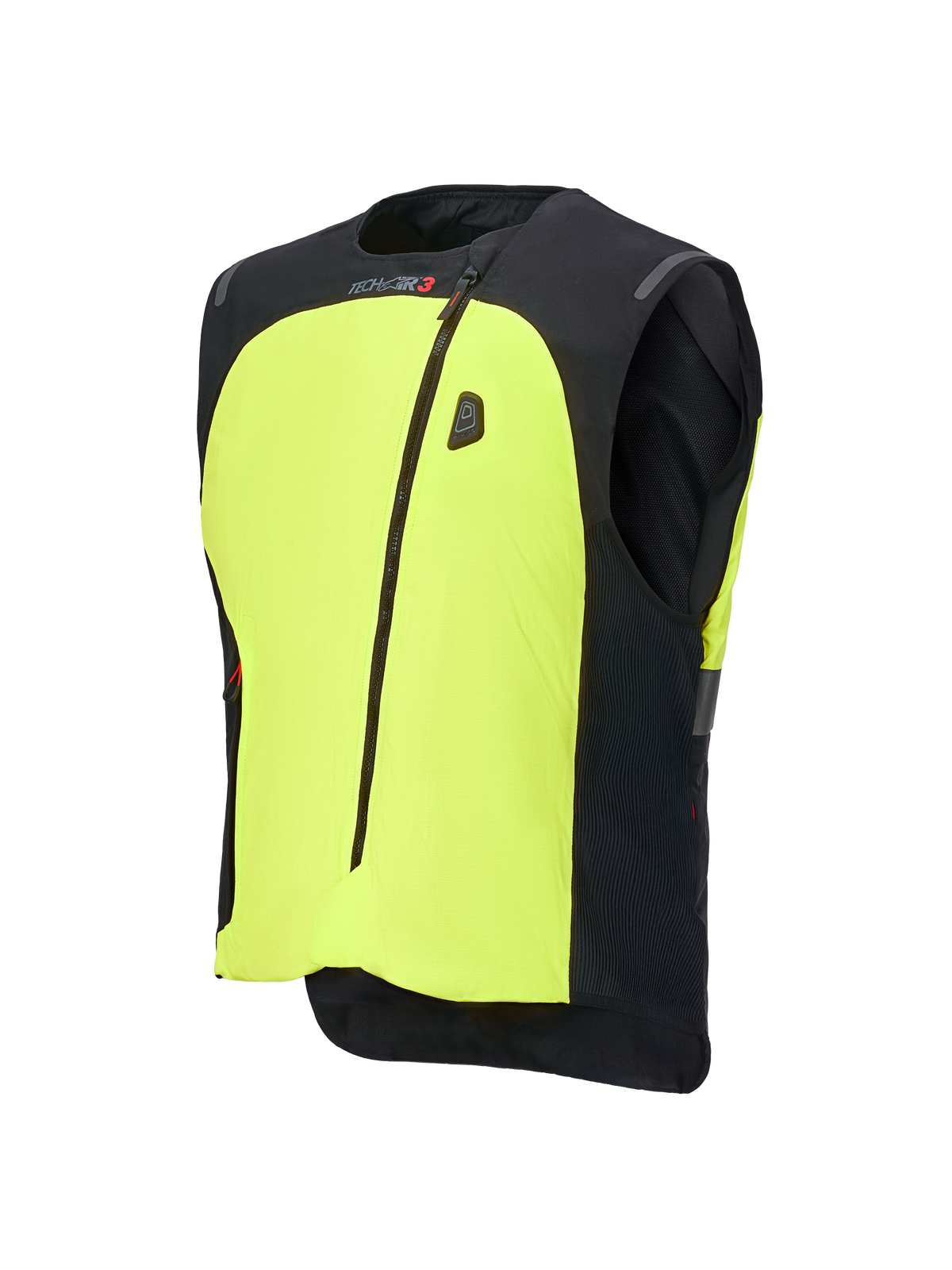 Alpinestars Tech-Air® 3 V2-system, airbagväst för motorcykel, svart och neongul, med en framträdande neongul frontpanel, central dragkedja, integrerad LED-statusdisplay och Tech-Air-branding, lättviktigt autonomt airbagskydd för vägkörning
