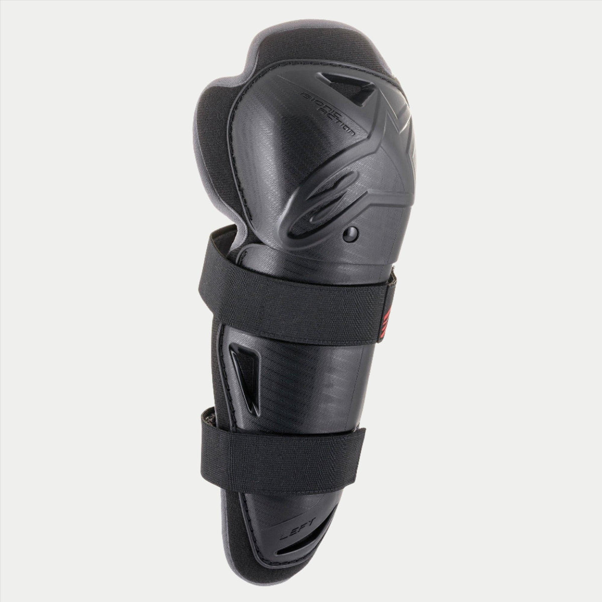 Alpinestars Youth Bionic Action Knee Protector, Black, single guard with dual elasticated straps, ergonomic asymmetric plastic shell with embossed logo, protective motocross and off-road gear for youth riders