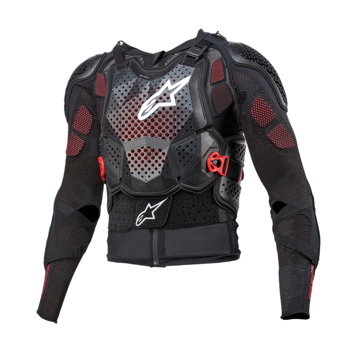 Alpinestars Bionic Tech V3 skyddsjacka, kroppsskydd för motorcykel, svart med vita och röda detaljer, perforerat bröstskydd med vit stjärnlogotyp, justerbara röda spännen, integrerade axel- och armbågsskydd, ventilerande baslager i mesh