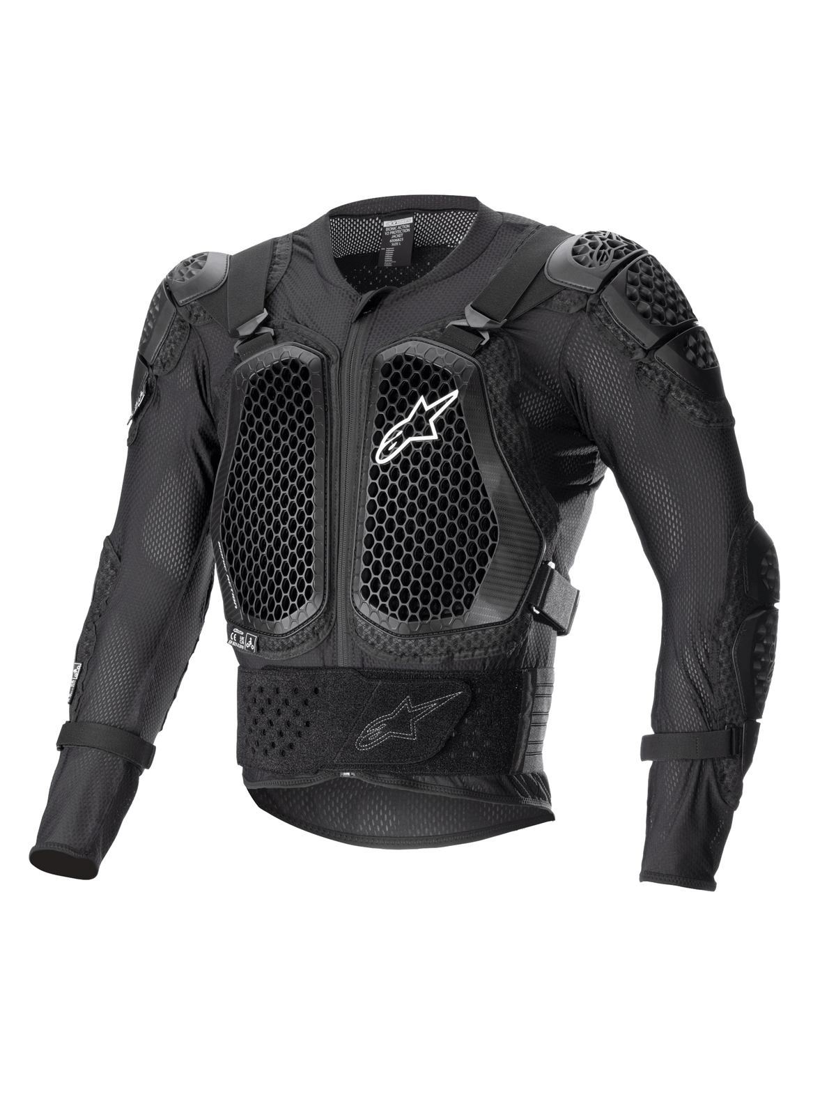 Alpinestars Bionic Action V2 skyddsjacka, svart, med vaxkakemönstrade Cell Technology-bröst- och armbågsskydd, ventilerande mesh-konstruktion, vit Alpinestars-logotyp på bröstet, skyddsutrustning för terrängkörning