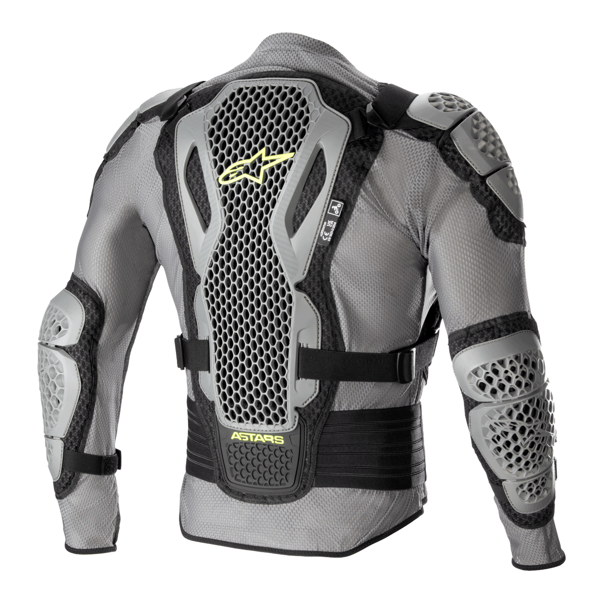 Alpinestars Bionic Action V2 skyddsjacka, vy bakifrån, grå och svart med neongula detaljer, högperforerade Cell Technology-skydd för rygg, axlar och armbågar, grått meshmaterial med svarta justerbara remmar och gul Astars-logotyp