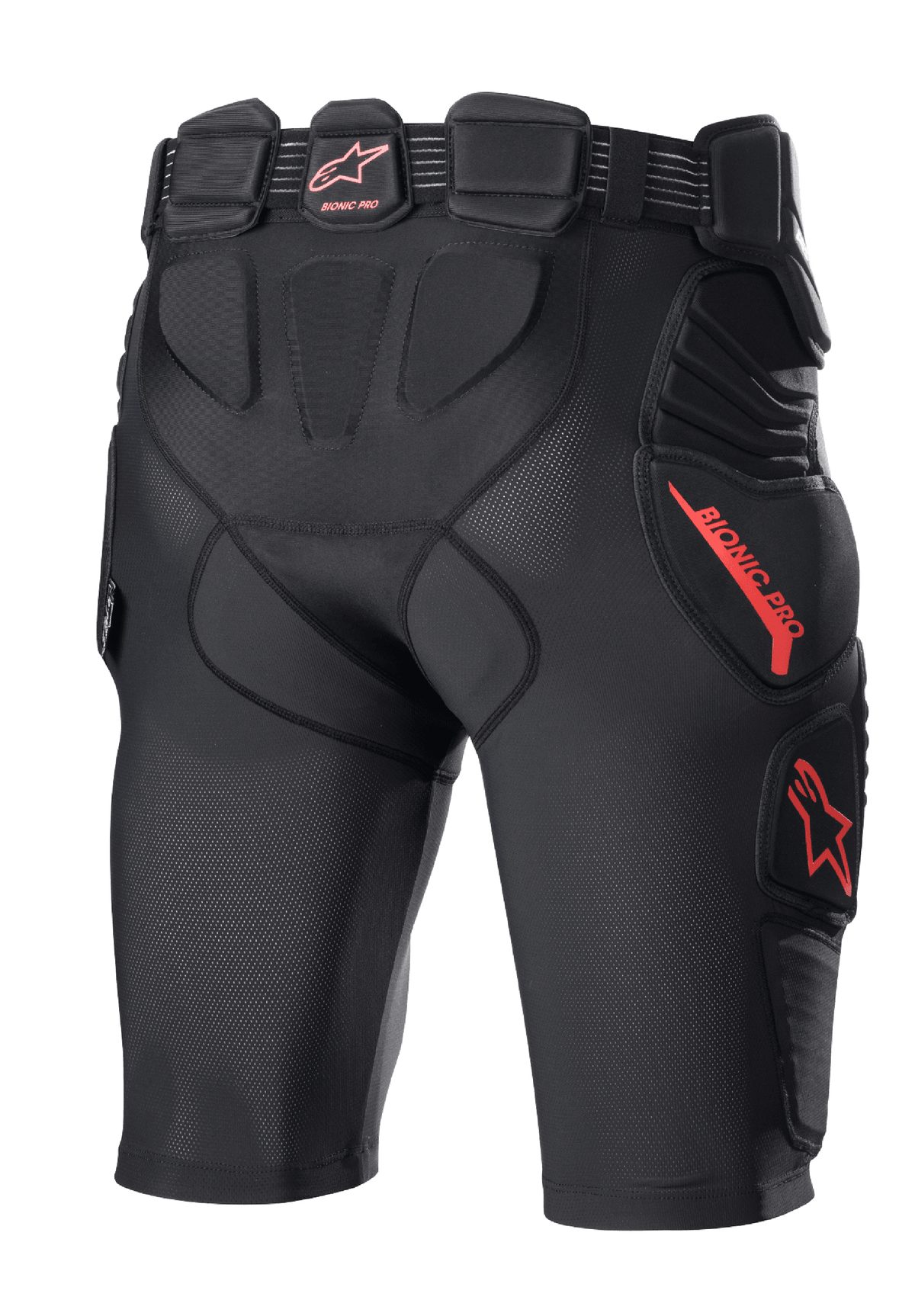 Alpinestars Bionic Pro skyddsshorts, motocross-skyddsshorts, svarta och röda, baksida som visar integrerad höft- och lårvaddering, ventilerande meshkonstruktion, röd Alpinestars-logotyp och branding, skyddande underställ för terrängkörning