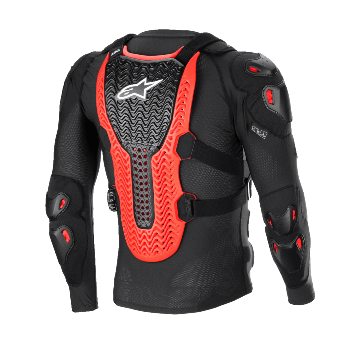 Alpinestars Bionic XTR Plasma skyddsjacka, svart, röd och vit, vy bakifrån som visar det stora räfflade Nucleon PLASMA-ryggskyddet, axel- och armbågsvaddering, svart nätkonstruktion för motocross- och offroad-skydd