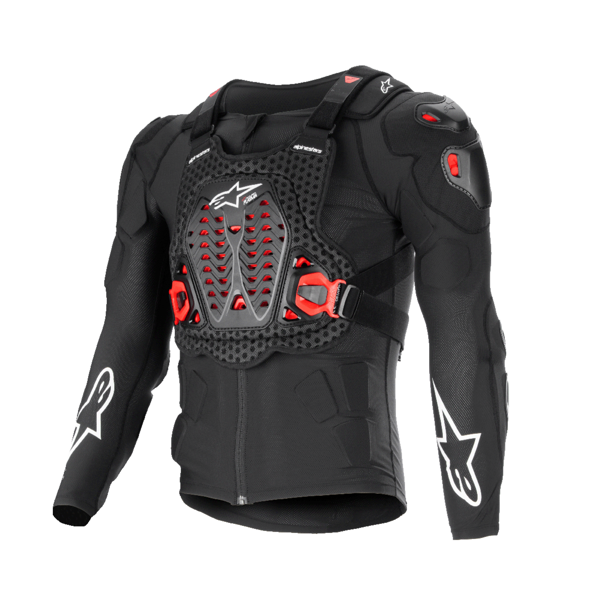 Alpinestars Bionic XTR Plasma Skyddsjacka, motorcykelskydd, svart med röda och vita detaljer, ventilerande mesh-konstruktion, ventilerad bröstplatta med röda Nucleon PLASMA-inlägg, vita stjärnlogotyper på ärmarna, justerbara sidospännen, högpresterande utrustning för offroad-körning