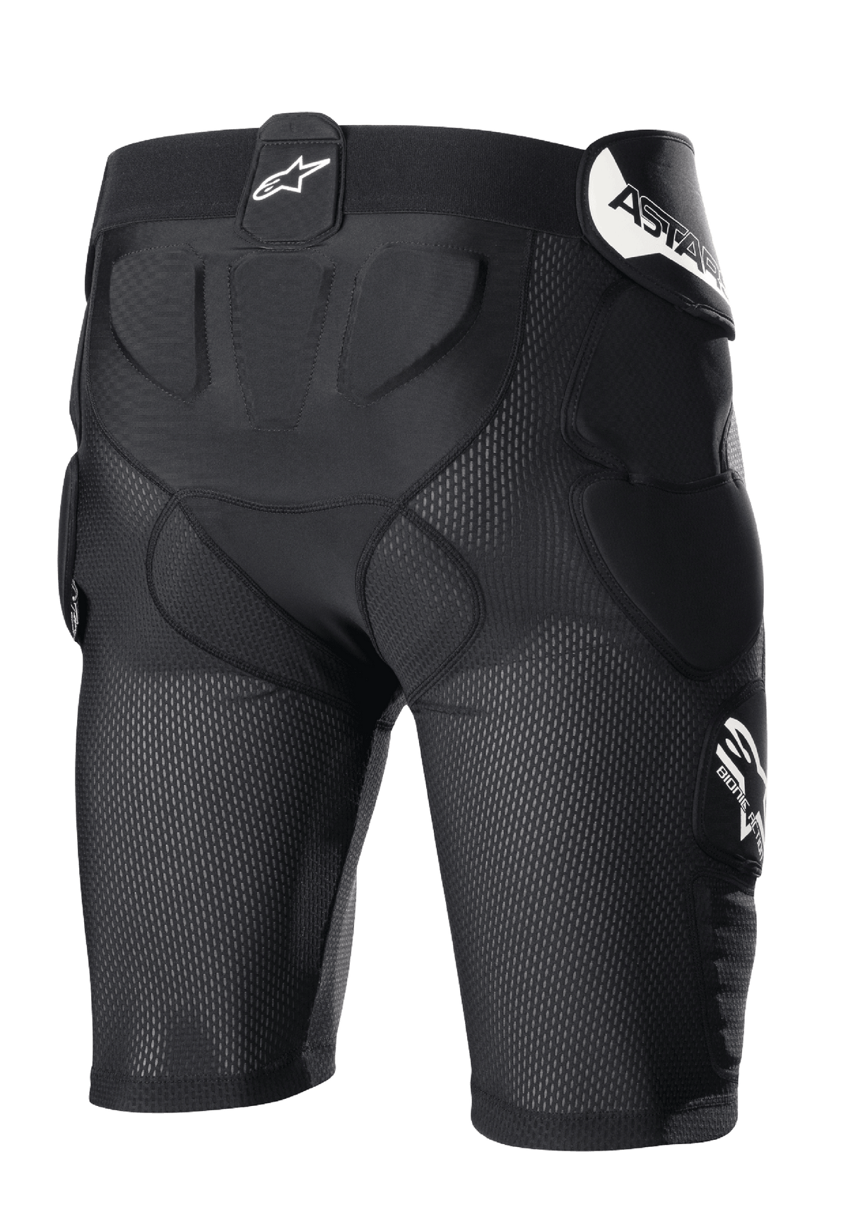 Alpinestars Bionic Action skyddsshorts, svarta, skyddsshorts för motocross med ventilerande meshkonstruktion, integrerad vaddering på höfter och svanskota, vit logotyp på midjebandet och sidan.