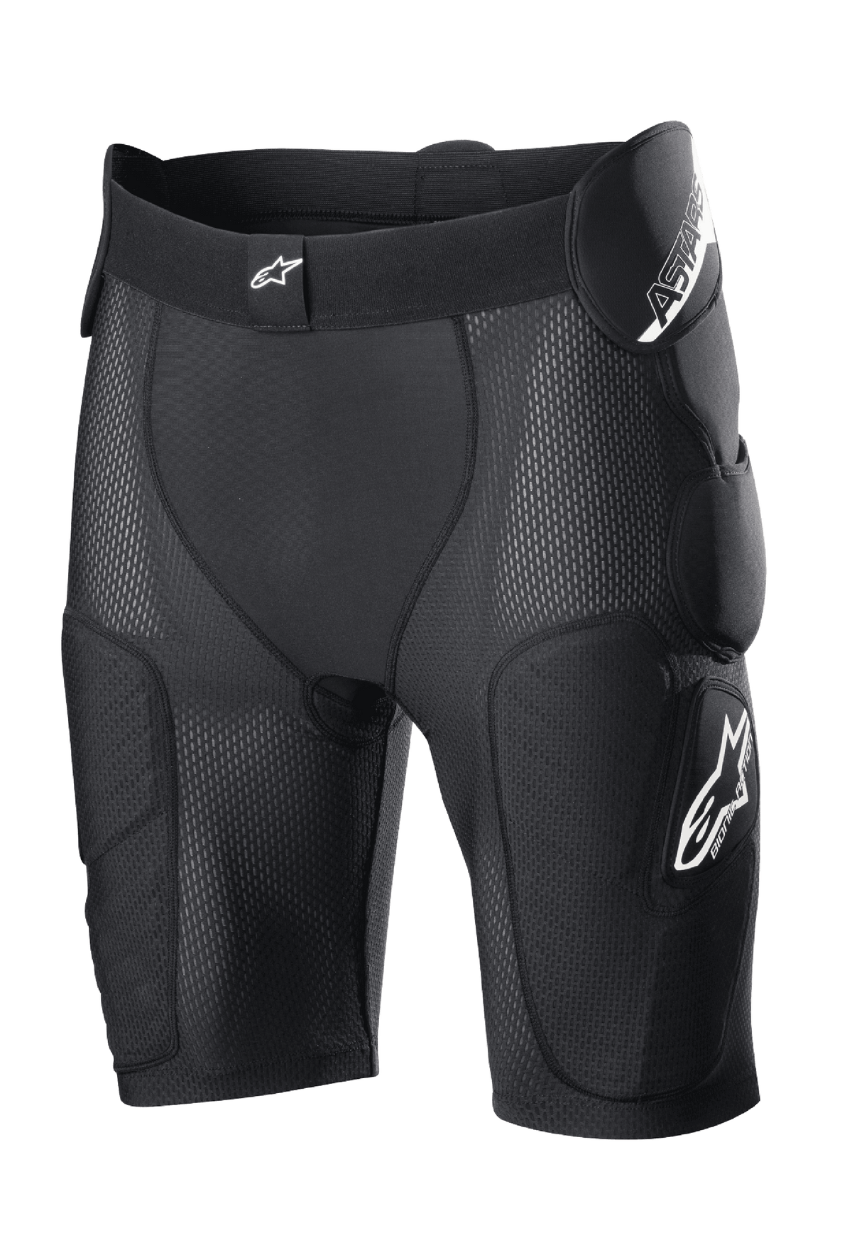 Alpinestars Bionic Action skyddsshorts, svarta, med integrerad vaddering för höfter och lår, andningsbar mesh-konstruktion, elastisk linning med vit logotyp, skyddsutrustning för motocross och terrängkörning