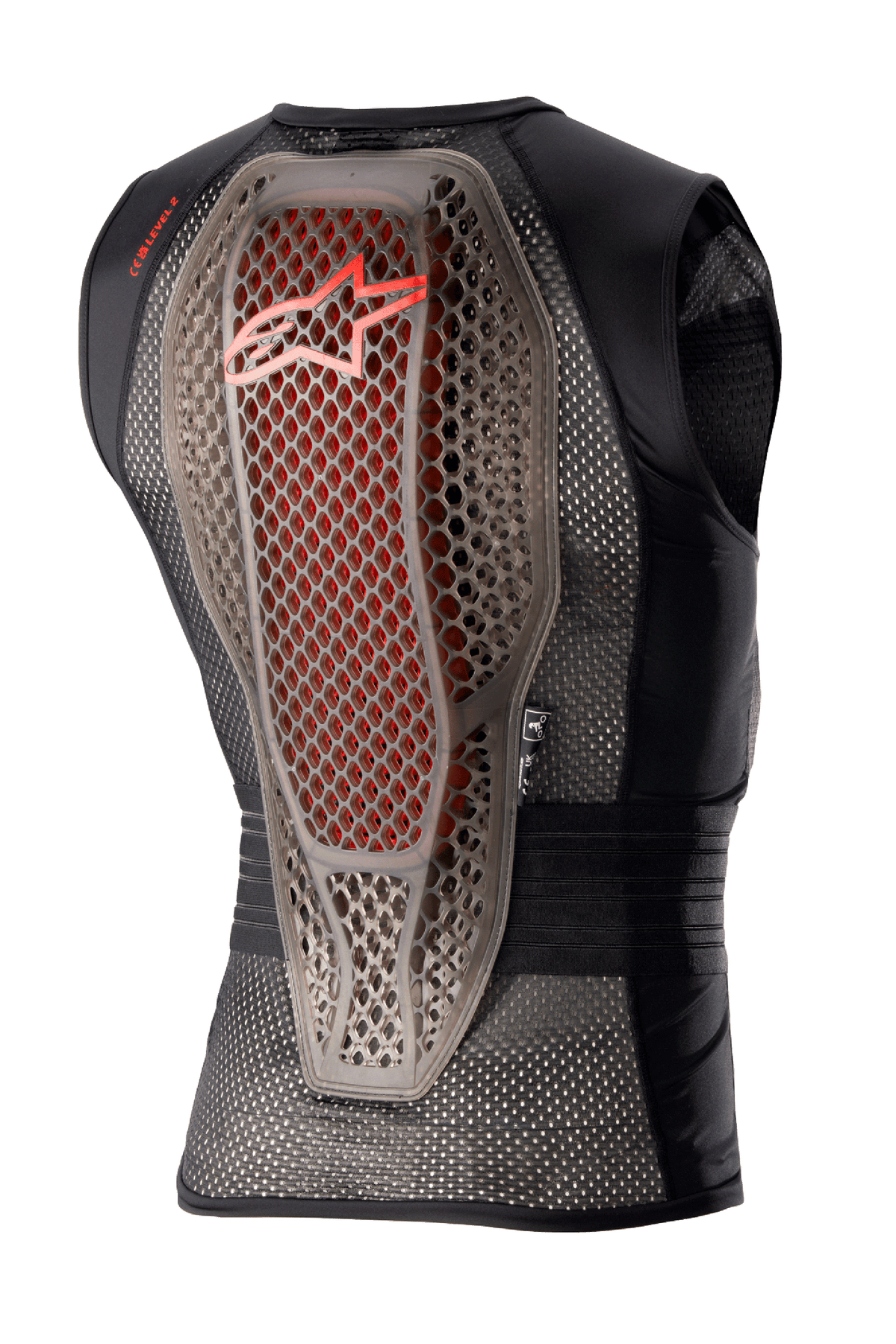 Alpinestars Nucleon Flex Pro skyddsväst, kroppsskydd för motorcykel, Transparent Smoke, röd och svart, vy bakifrån som visar ryggskyddets hybrid Cell-struktur med röda accenter, ventilerat chassi i svart mesh och ergonomisk säkerhetsdesign