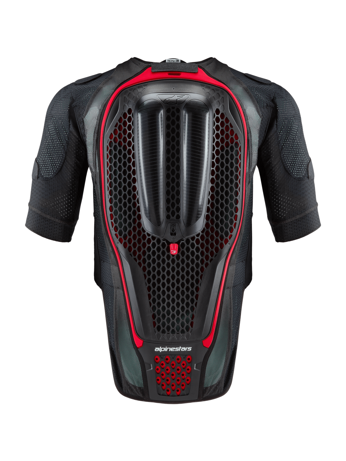 Alpinestars Tech-Air® 7X System, fristående airbagväst för motorcykel, svart och röd, vy bakifrån som visar det integrerade bikakeformade ryggskyddet och ventilerad mesh-konstruktion för ban- och vägkörning