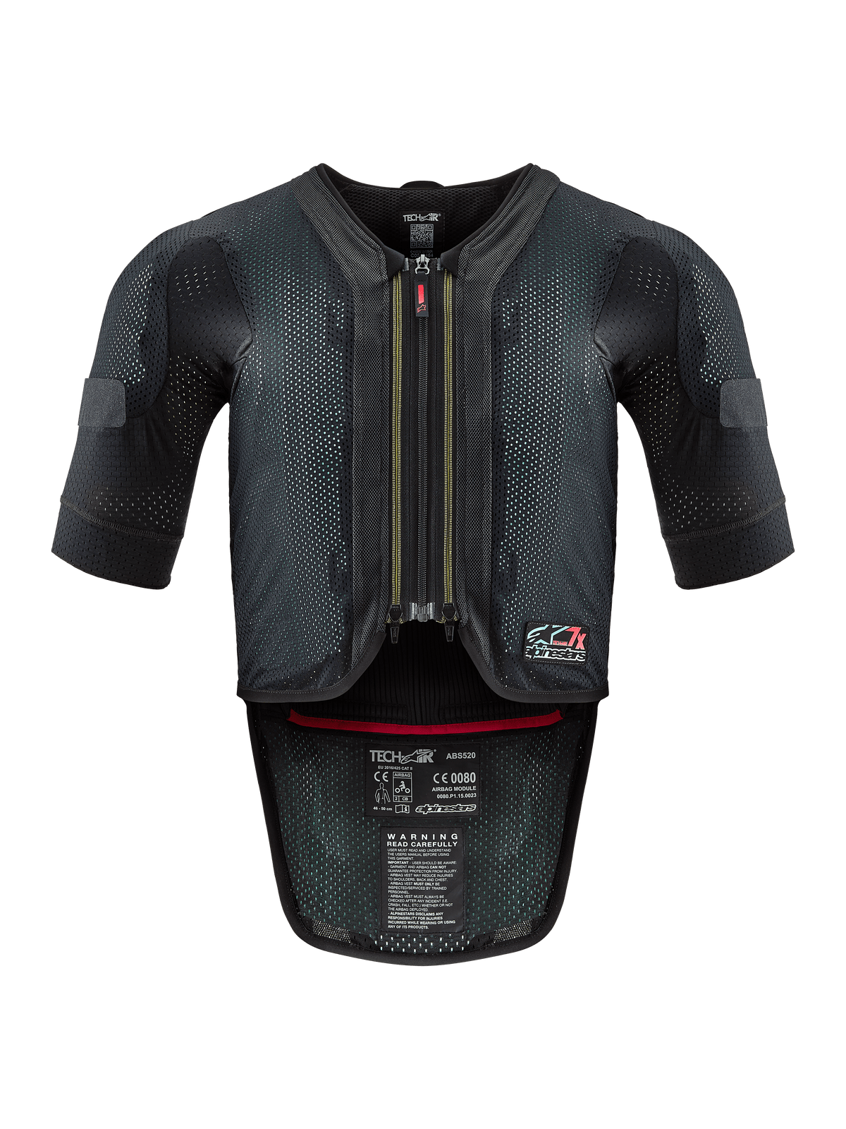 Alpinestars Tech-Air® 7X-system, airbagväst för motorcykel, svart och röd, vy framifrån med ventilerat nätchassi, centrerad dragkedja med röd dragtapp och invändiga certifieringsetiketter, högpresterande skydd för ban- och vägkörning