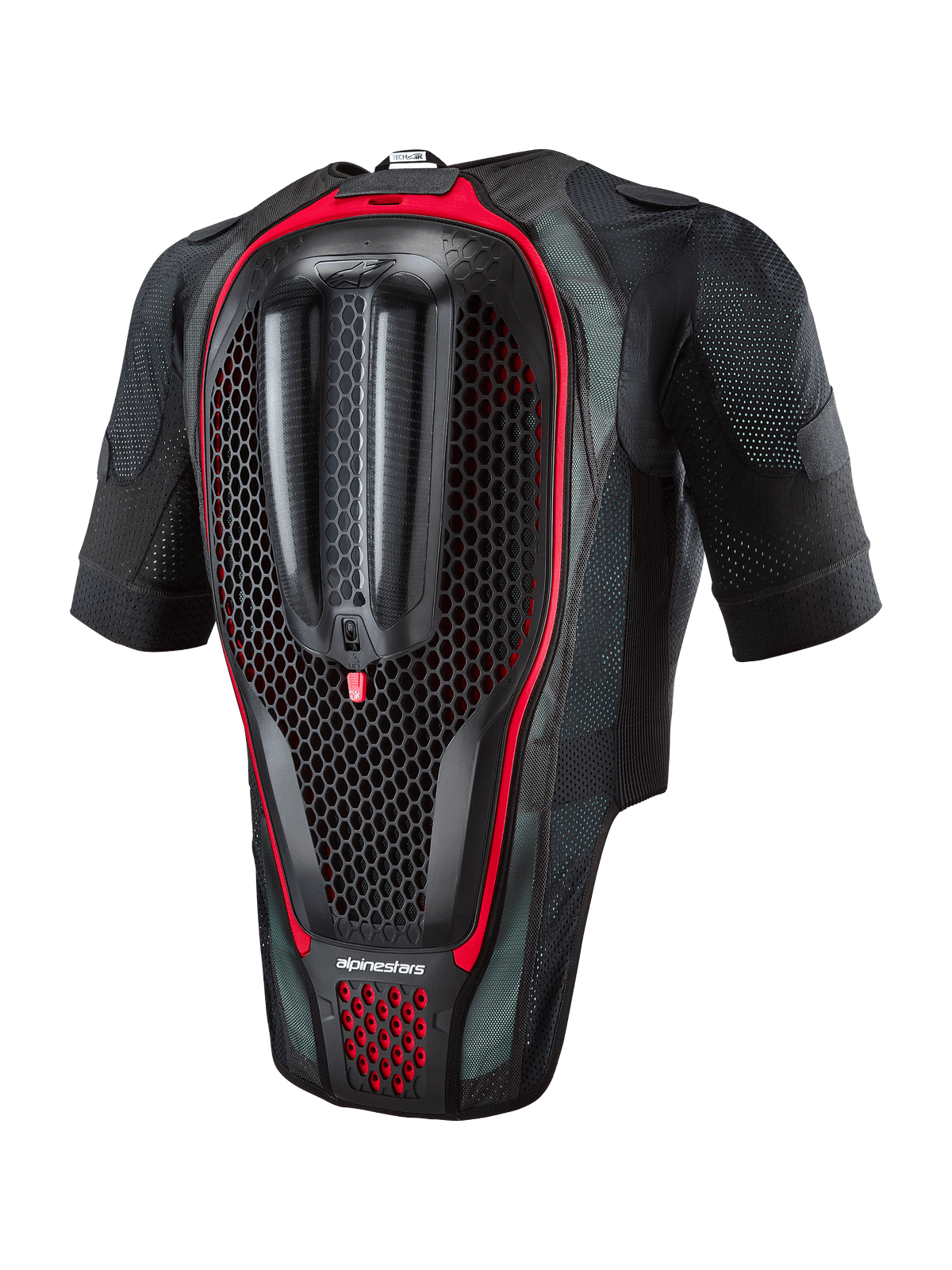 Alpinestars Tech-Air® 7X-system, airbagväst för motorcykel, vy bakifrån som visar det integrerade ryggskyddet med bikakestruktur, svart meshtyg med röda detaljer, ergonomisk säkerhetsutrustning för roadracing och bandagar