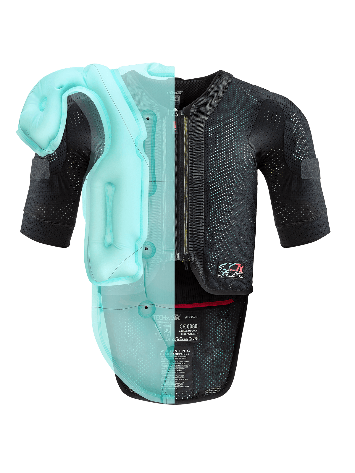 Alpinestars Tech-Air® 7X System, autonom airbagväst för motorcykel, svart mesh-chassi med en ljusblå genomskinlig visualisering av den interna airbag-blåsan, teknisk skyddsutrustning med korta ärmar och integrerat ryggskydd
