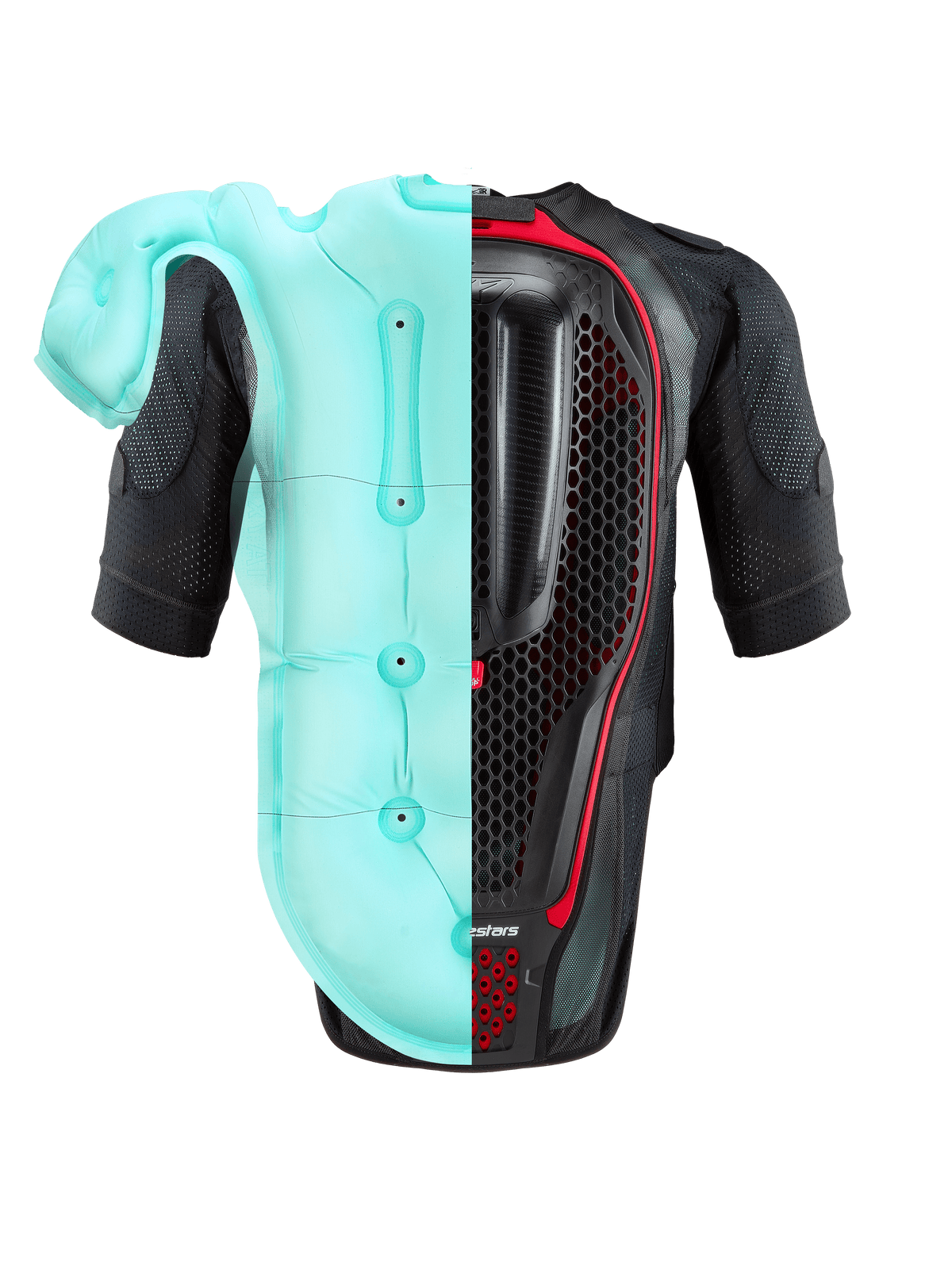 Alpinestars Tech-Air® 7X-system, airbag-väst för motorcykel, svart och röd, vy bakifrån med en delad bild av den ljusblå uppblåsta airbag-blåsan och det interna bikakeformade ryggskyddet, högpresterande skydd för bana och gata
