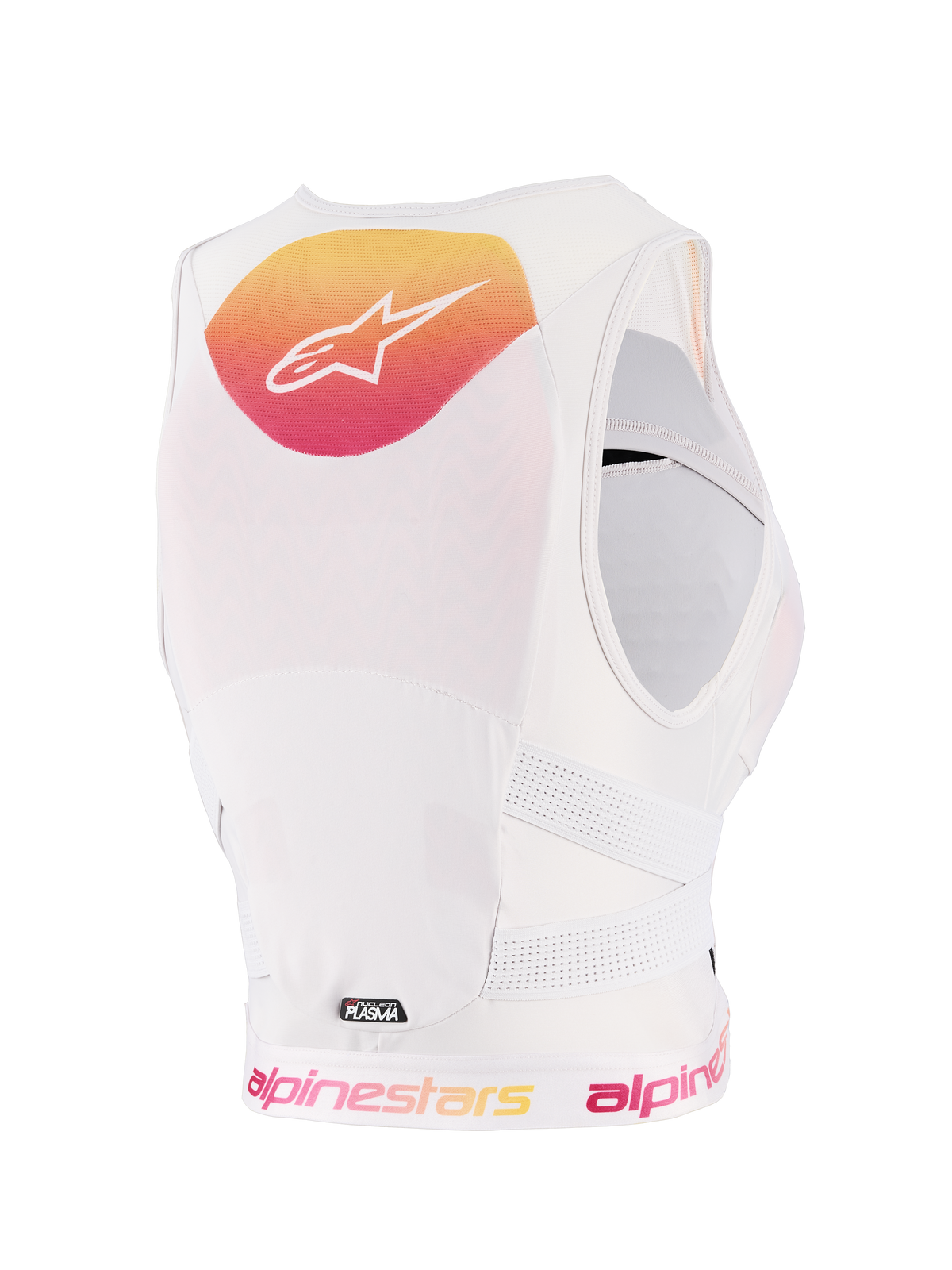 Alpinestars Stella Plasma bröstskydd för dam, Light Lilac Fade White, vy bakifrån med en gul och rosa tonad grafik och vit logotyp, vit ventilerande meshkonstruktion, perforerade sidoremmar för skydd vid terrängkörning