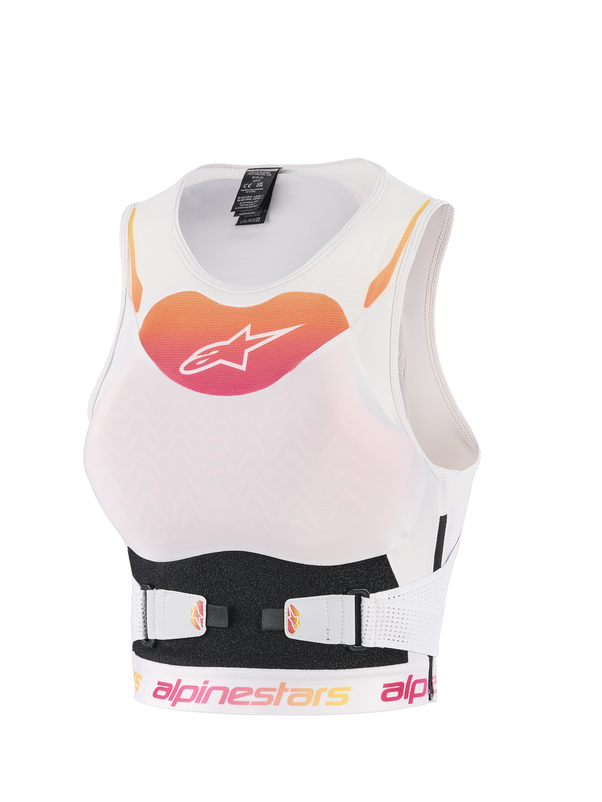 Alpinestars Stella Plasma bröstskydd, motocross-skyddsväst för dam, vit med orange och rosa gradient-logotyp, andningsbar mesh-konstruktion med justerbara V-Belt-remmar, ergonomiskt kroppsskydd för terrängkörning