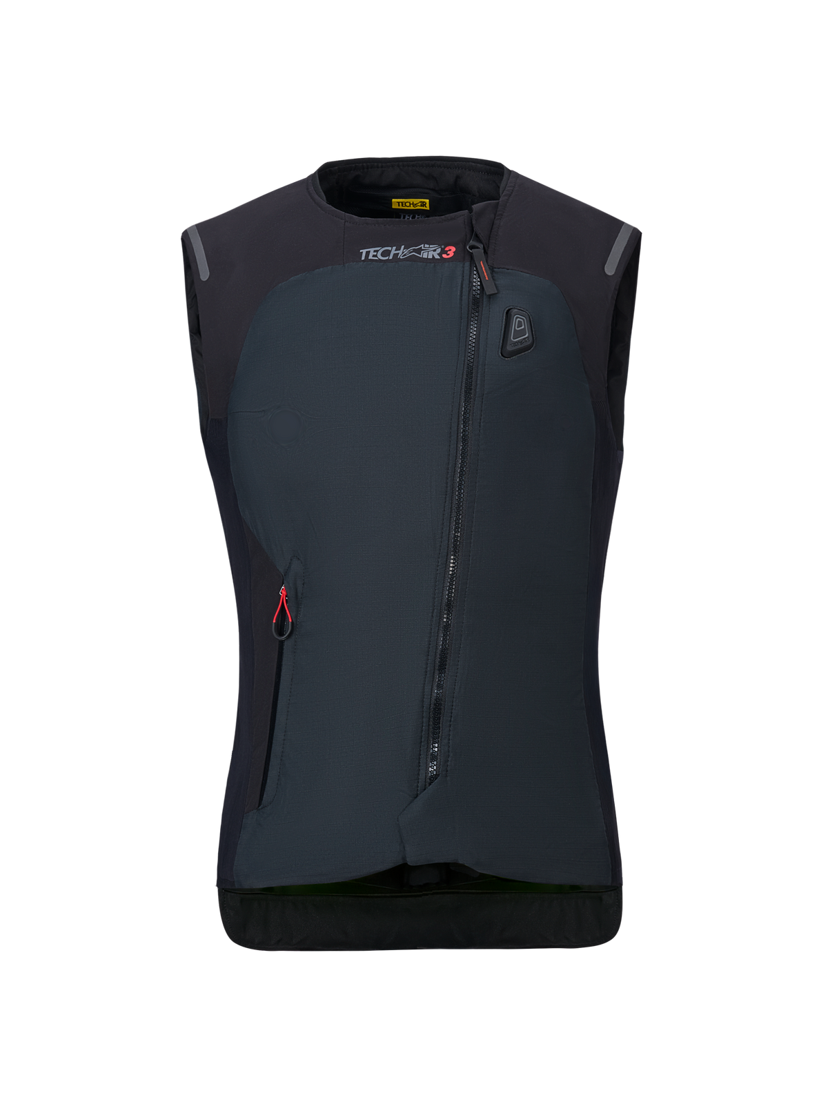 Alpinestars Stella Tech-Air 3 V2-system för dam, svart airbagväst för motorcykel, vy framifrån, med en diagonal dragkedja, Tech-Air 3-logotyp och en LED-statusindikator på bröstet