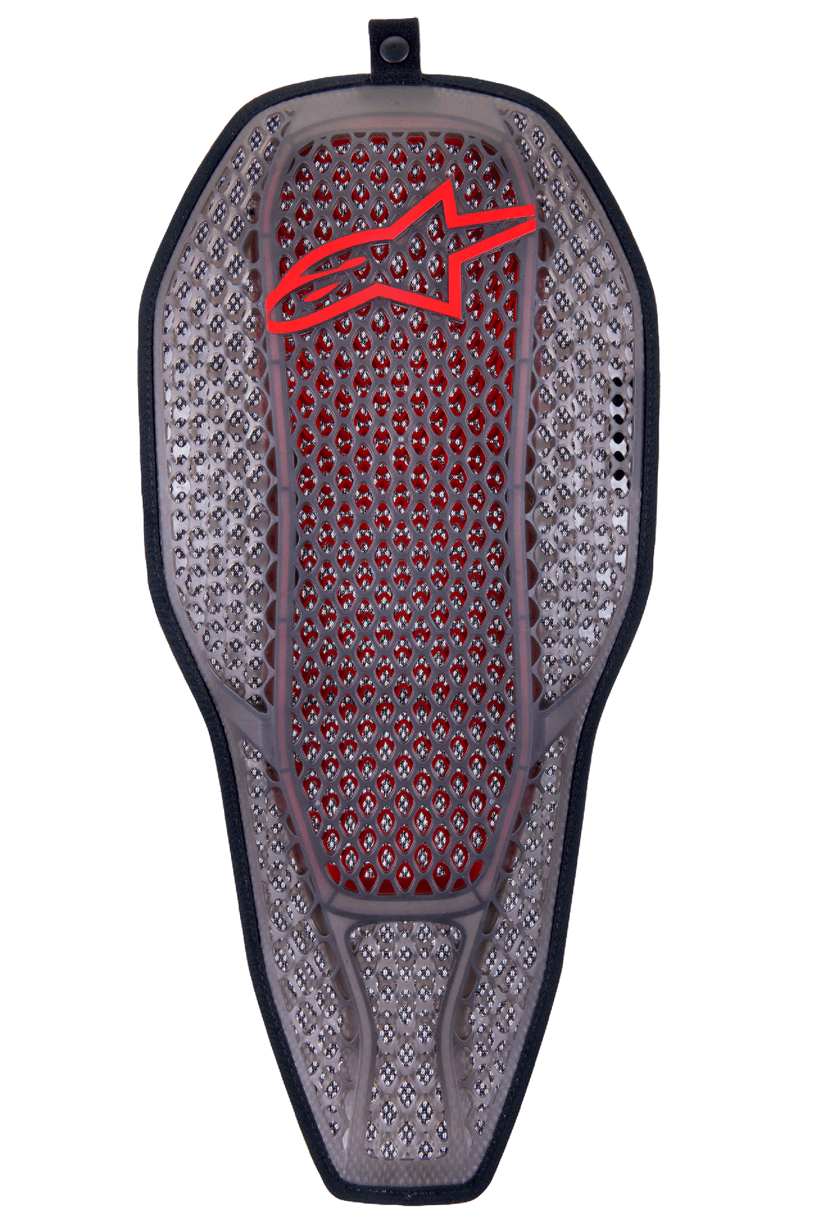 Alpinestars Nucleon Flex Proi ryggskyddsinsats, Transparent Smoke Red, rökgrå hexagonal cellstruktur med röd inre kärna, röd Alpinestars-logotyp upptill, ergonomisk förlängd sköldform, välventilerad skyddsutrustning för motorcykel