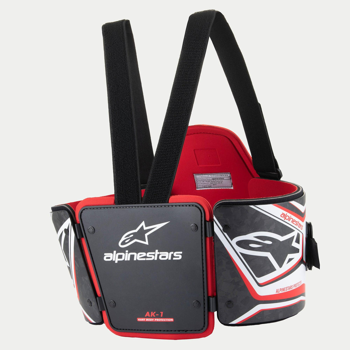 Alpinestars AK-1 Kart Kroppsskydd, kartingskydd, svart, vit och röd, med revbenspaneler i kolfiber, röd invändig vaddering, justerbara svarta axelremmar och framträdande Alpinestars-logotyper