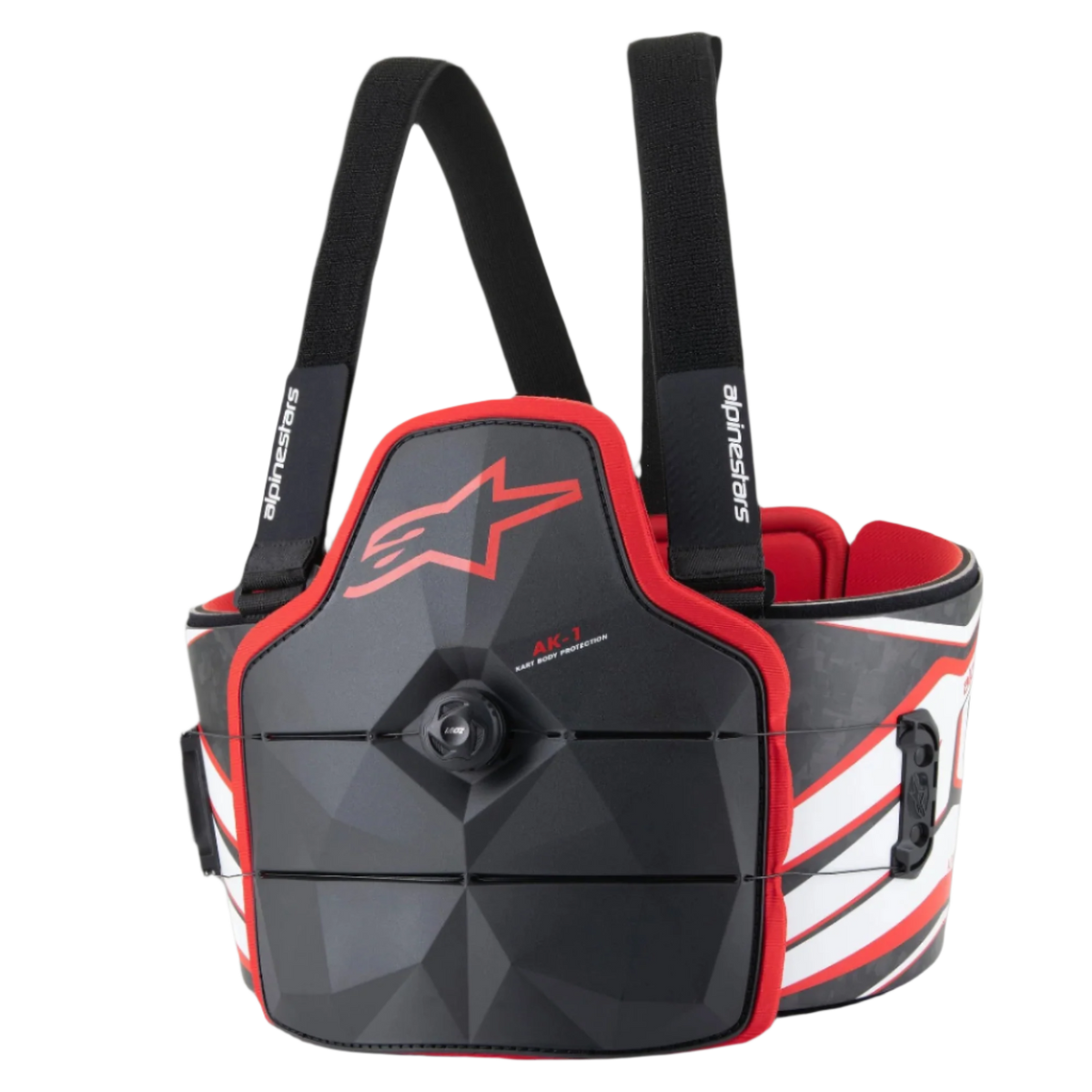 Alpinestars AK-1 Kart Kroppsskydd, torso-skydd för karting, svart, vit och röd, med speed-lace-vridstängning, revbenspaneler med kolfiberstruktur och röd Astars-logotyp, professionell FIA-homologerad säkerhetsutrustning