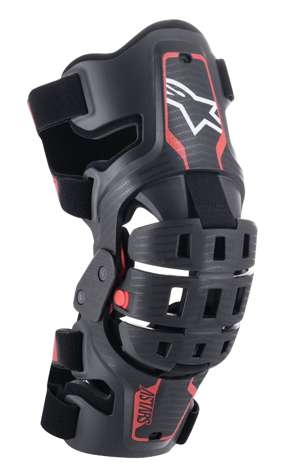 Alpinestars Youth Bionic 5S Knee Brace, motocross-knäskydd, svart och röd, med en vit stjärnlogotyp, ledat fyrpunktsgångjärnssystem, robust kompositram med justerbara remmar, designad för terrängkörning för ungdomar