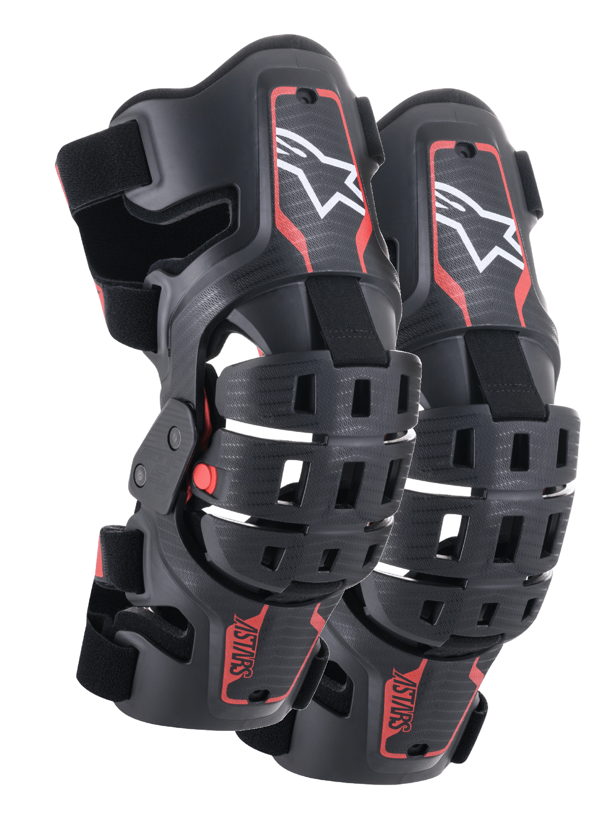 Alpinestars Youth Bionic 5S knäskydd, motocross-knäskydd, svarta och röda, ett par skydd med hybridramkonstruktion och ventilerade skal, vit Astar-logotyp på den övre sektionen, röd ASTARS-logotyp på den nedre sektionen och justerbara svarta remmar för en säker passform.