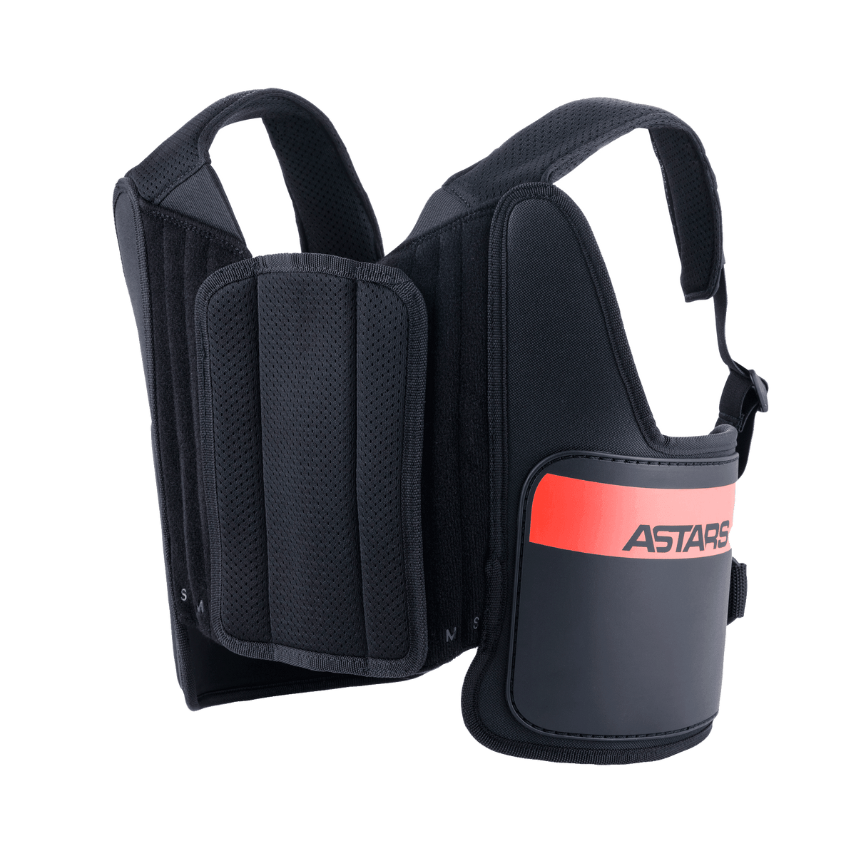 Alpinestars Youth Bionic Rib Support, revbensskydd för karting, svart med röda detaljer, med justerbara axelremmar i mesh, vadderad mittpanel och hårda sidoskydd med ASTARS-logotyp, lätt ergonomisk skyddsutrustning för unga förare.