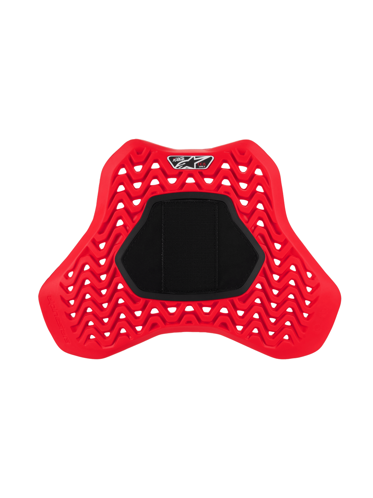 Alpinestars Nucleon Plasma Full Chest Protector Hook and Loop, röd och svart, med en perforerad zigzag-design för luftflöde, stor svart central kardborrepanel, ergonomiskt sköldformat bröstskyddsinlägg för motorcykel för stötskydd