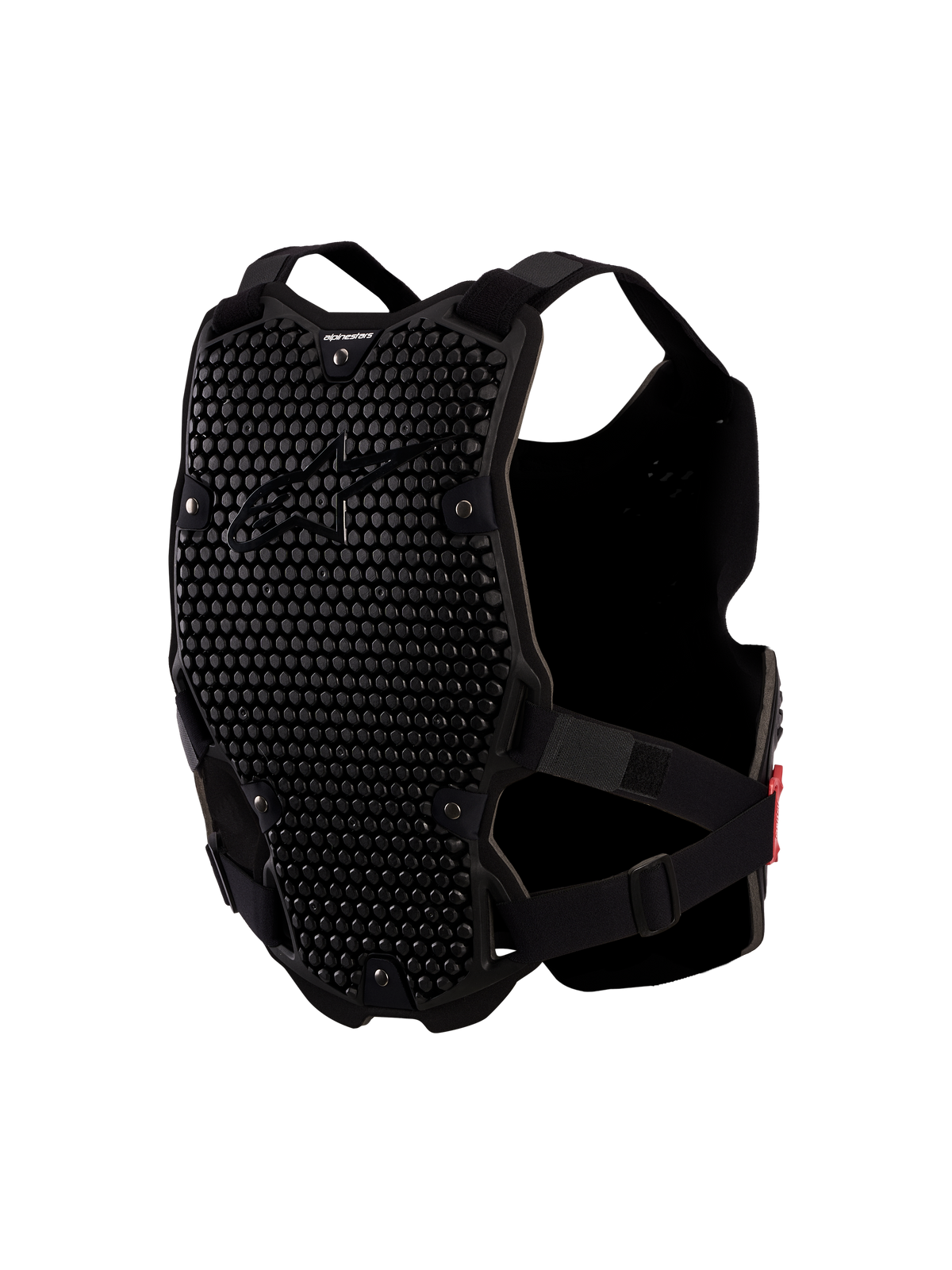 Alpinestars Bionic Action V2 bröstskydd, svart motocross-bröstskydd med ventilerade A-Morph bikakepaneler för terrängkörning.